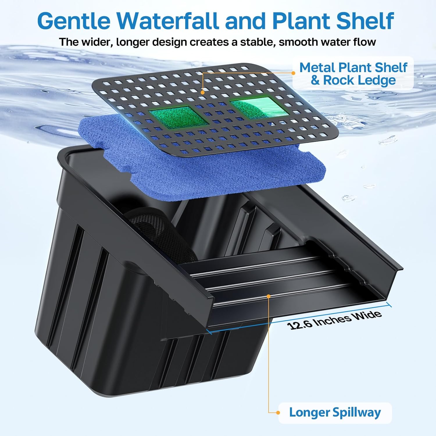 Detalle de POPOSOAP Pond Waterfall Kit with 4500 L/H Pump, 3m Corrugated Tubing and Filter Media