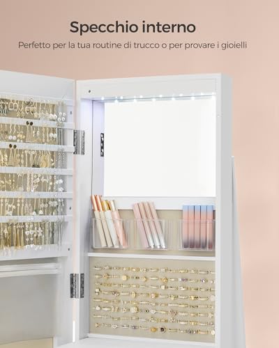 Detalle de SONGMICS Specchio Portagioie JJC007W02 con 6 Luci LED, Armadietto Girevole a 360° e Alloggiamento in MDF su superficie Bianca