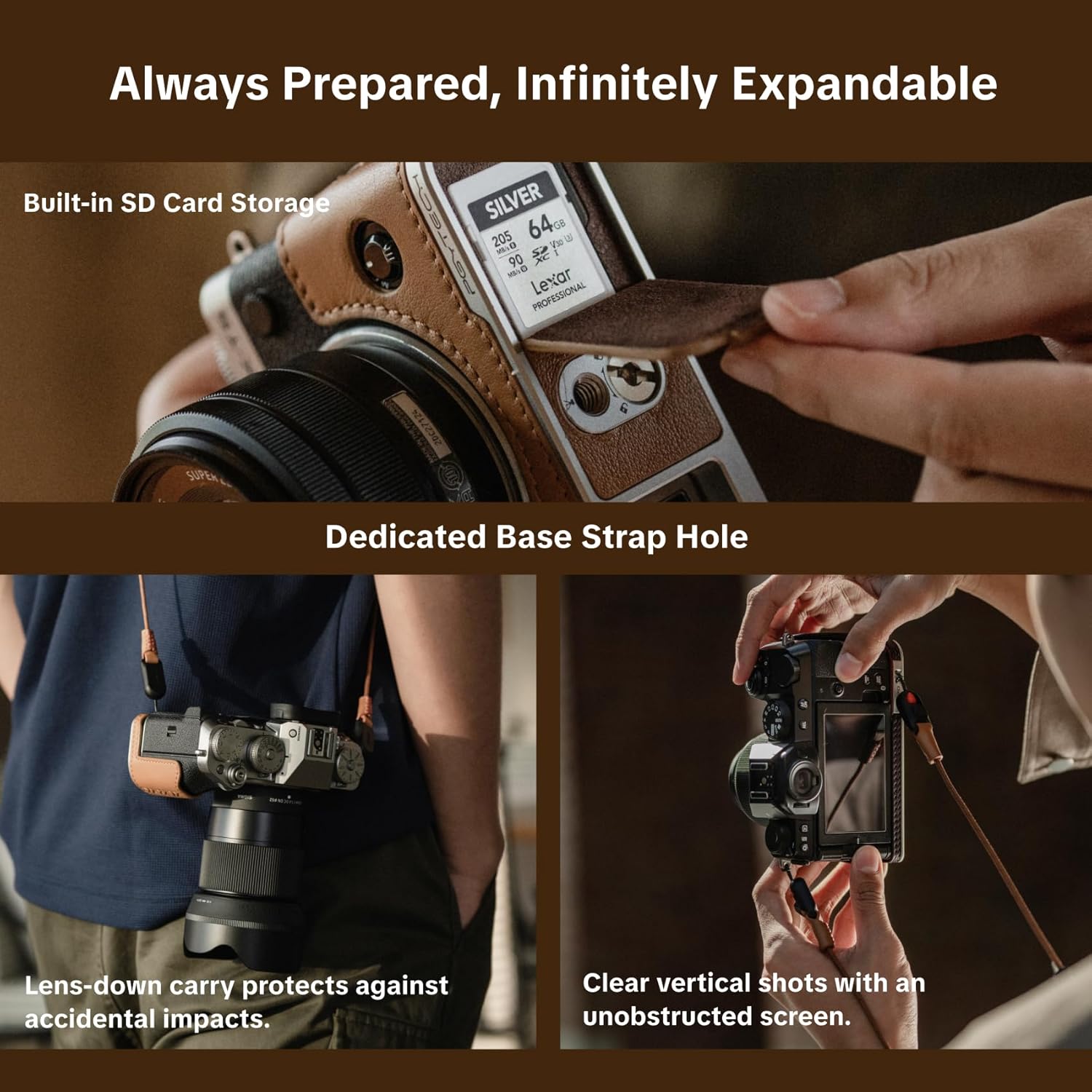 Thumbnail 4 de PGYTECH X-T5 Étui en cuir pour FUJIFILM : Demi-étui en cuir véritable fait main, base en alliage d'aluminium (Marron)