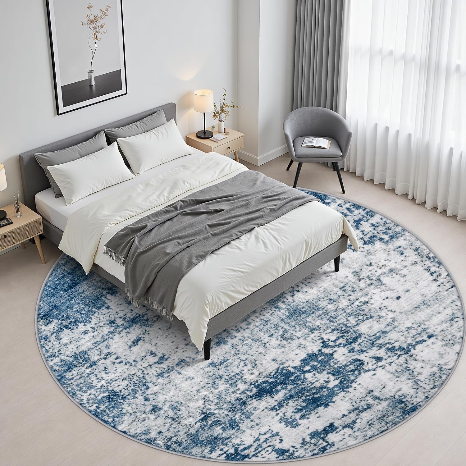 Thumbnail 2 de Round 8-Ft Washable Abstract Area Rug – Blue for Living Room
