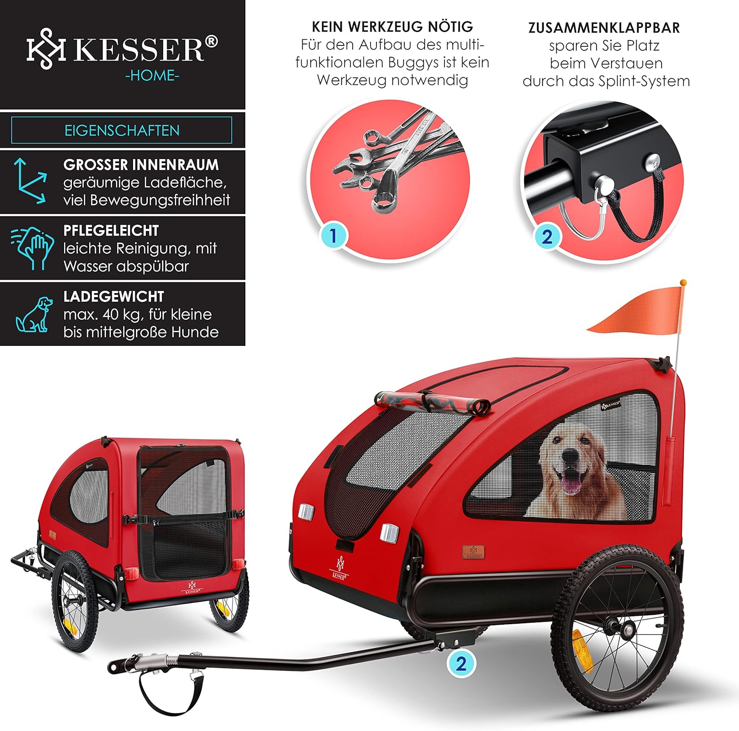 Detalle 2 de KESSER Hundeanhänger Boxer 2-in-1 Hundebuggy – Fahrradanhänger, ca. 250 l, bis 45 kg, klappbar