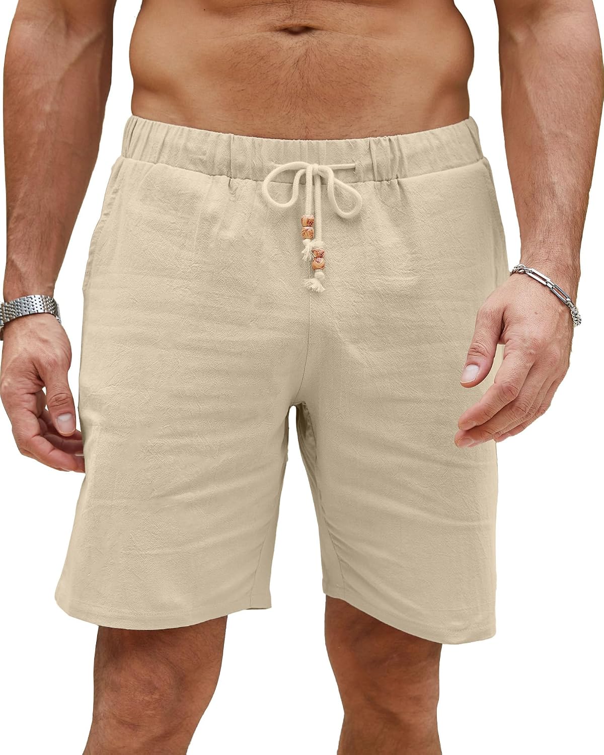 Detalle de LVCBL Herren Shorts aus Leinenmischung – kurze Sommerhose mit Taschen, elastischem Bund