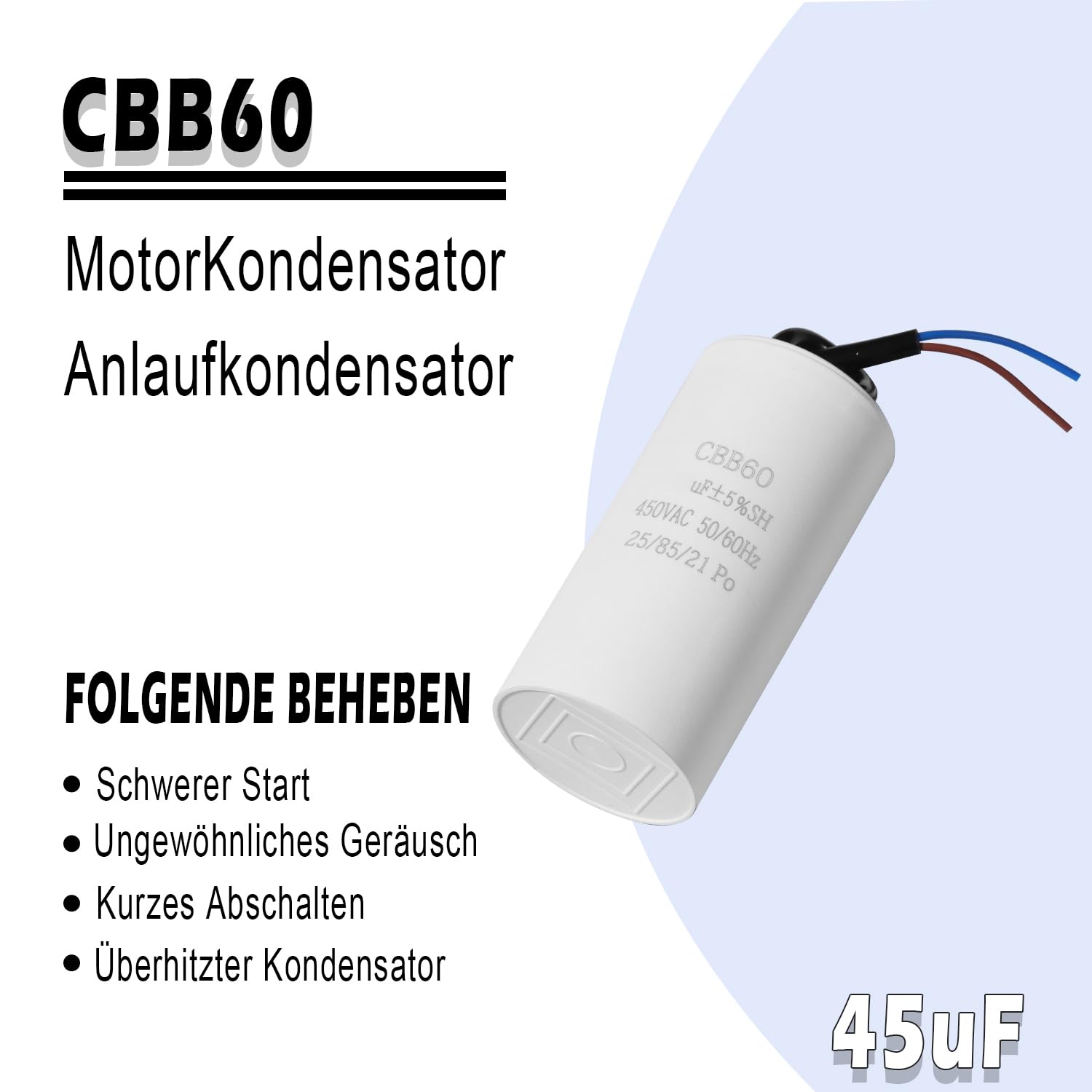 Thumbnail 5 de Iruihoo CBB60 450V 45µF Starterkondensator mit Draht – Motorstarter- und Entstörungskondensator