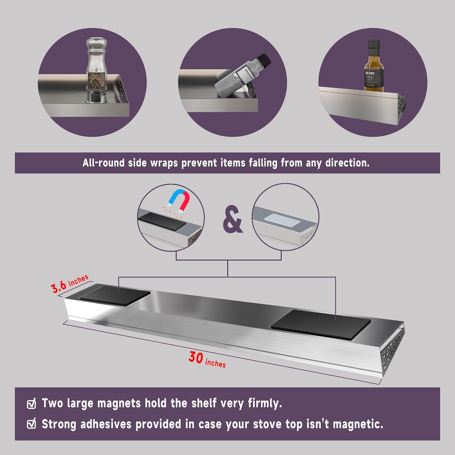 Thumbnail 4 de STUTOV 30" Magnetic Stove Top Shelf — Stainless Steel Spice Rack & Over-Stove Organizer