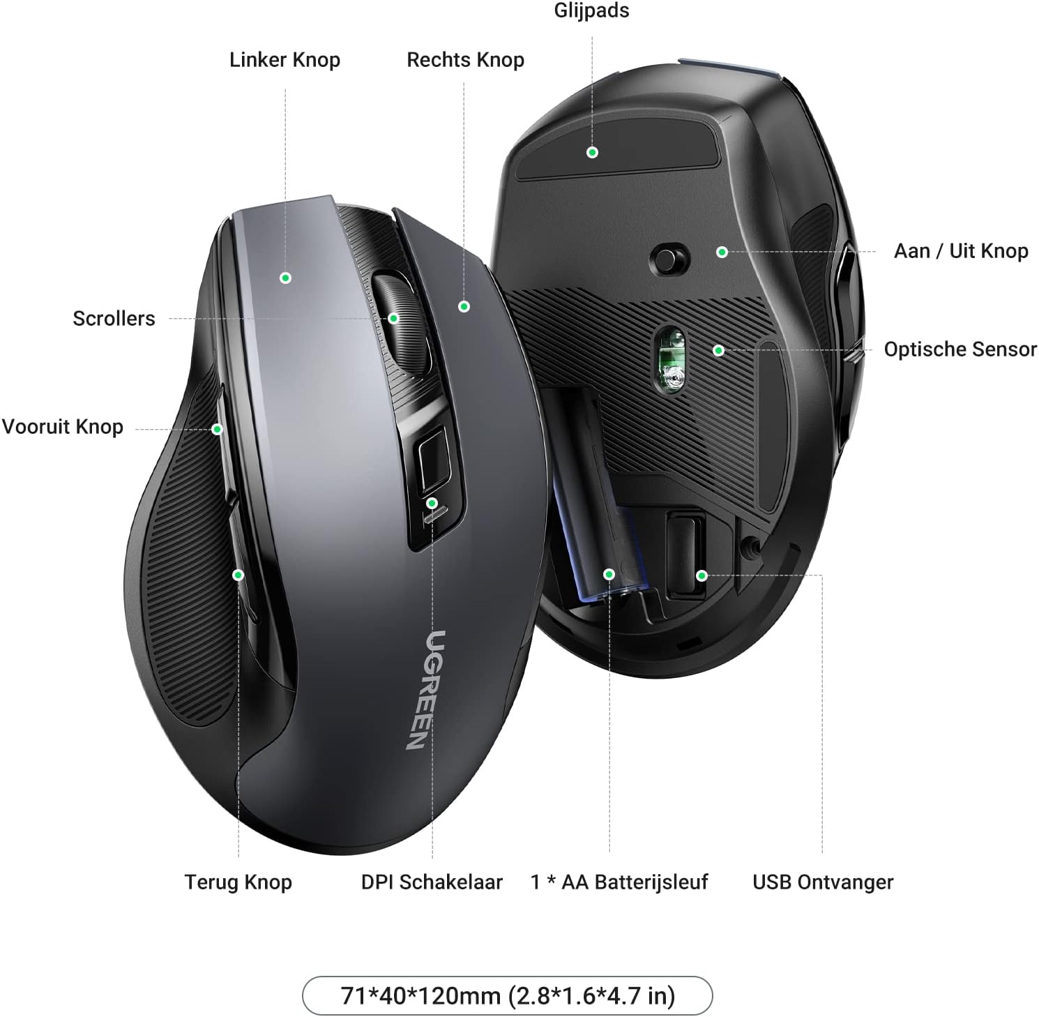 Thumbnail 6 de UGREEN draadloze ergonomische muis met stille klik, 5 DPI-niveaus en USB-ontvanger