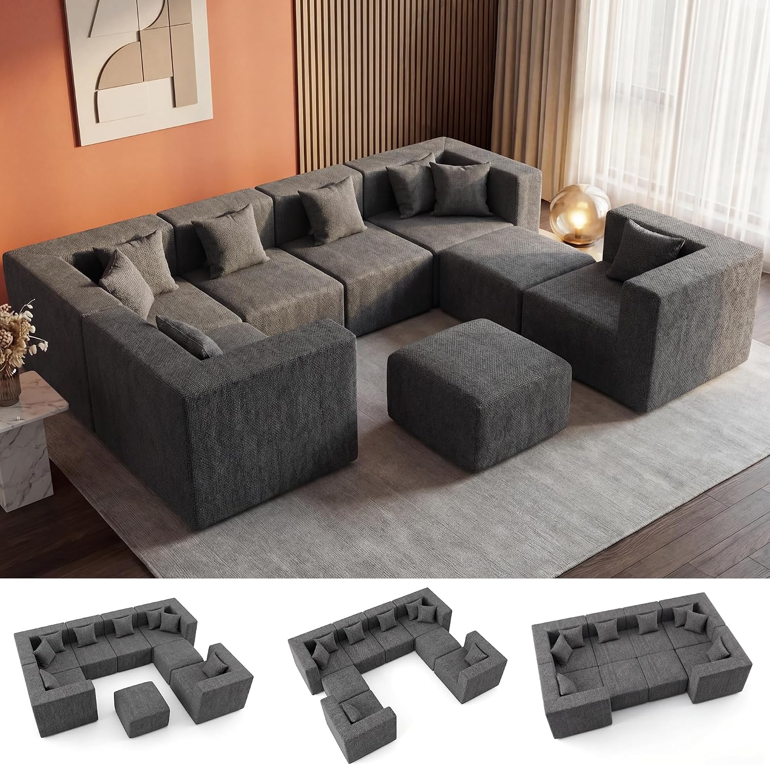 Detalle de MONVANE Modular Sectional Sofa, 8-Seat U-Shaped Chenille Couch in Grey
