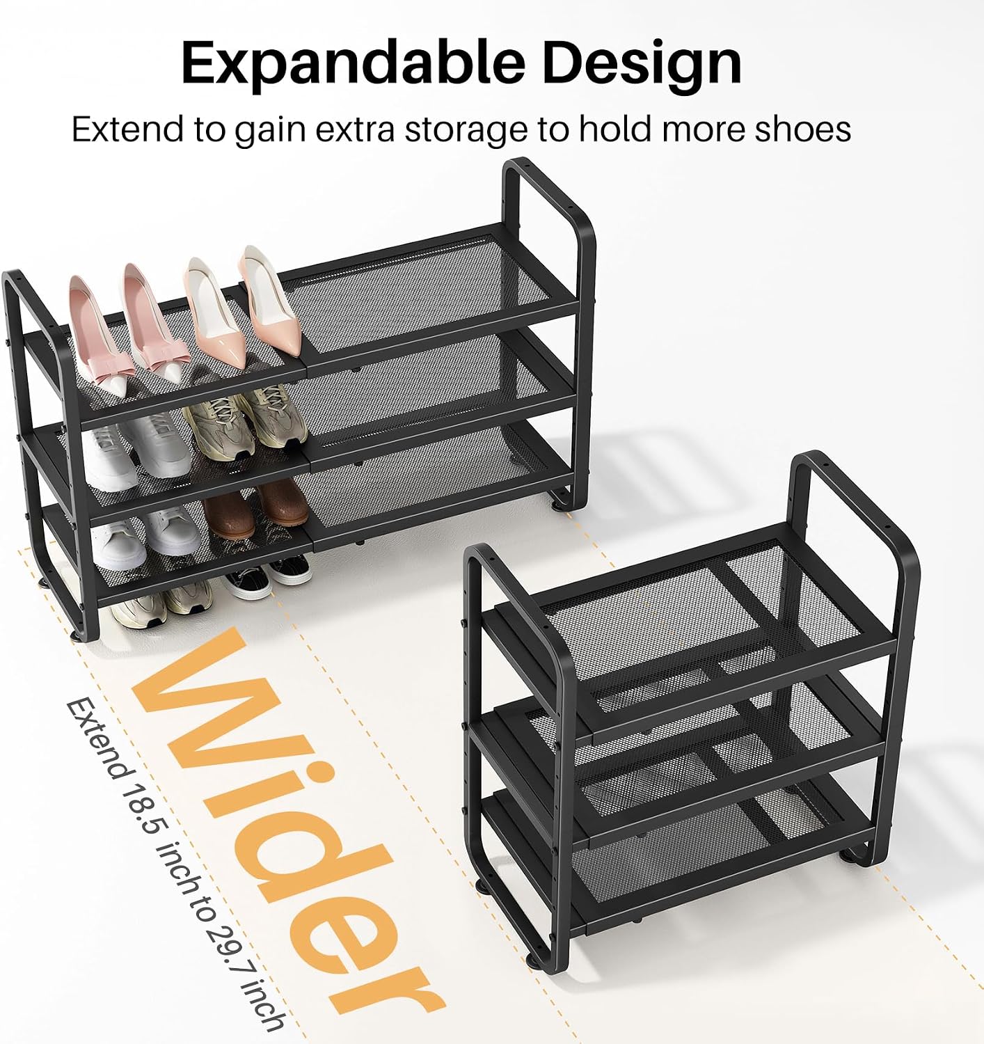 Detalle de SNTD SN-NM-SR-BK-3T-HXJ Expandable Metal Shoe Rack, 3-Tier, Black Mesh