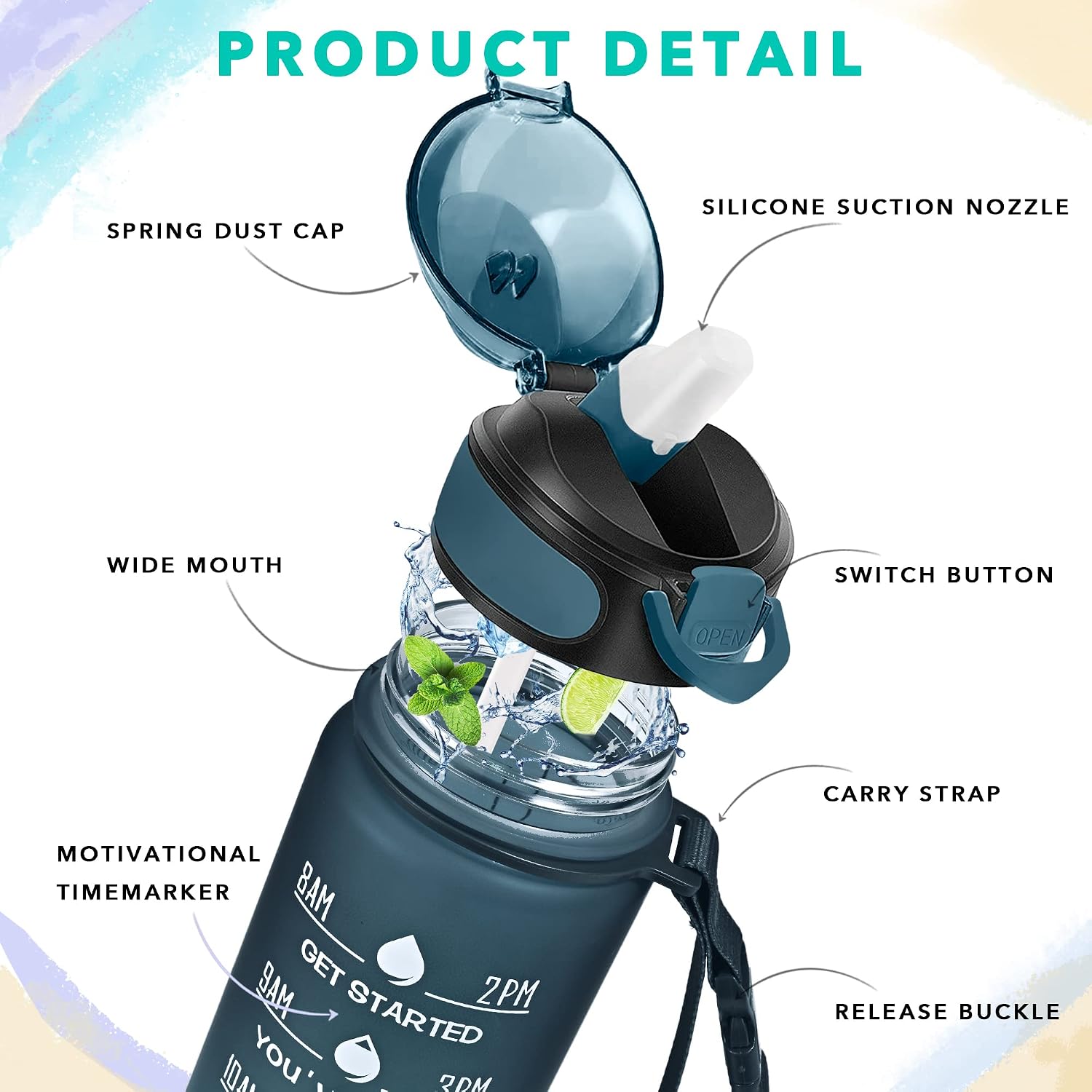 Detalle de Enerbone Wasserflasche 32 oz Water Bottle with Straw, Time Markers and Carry Strap