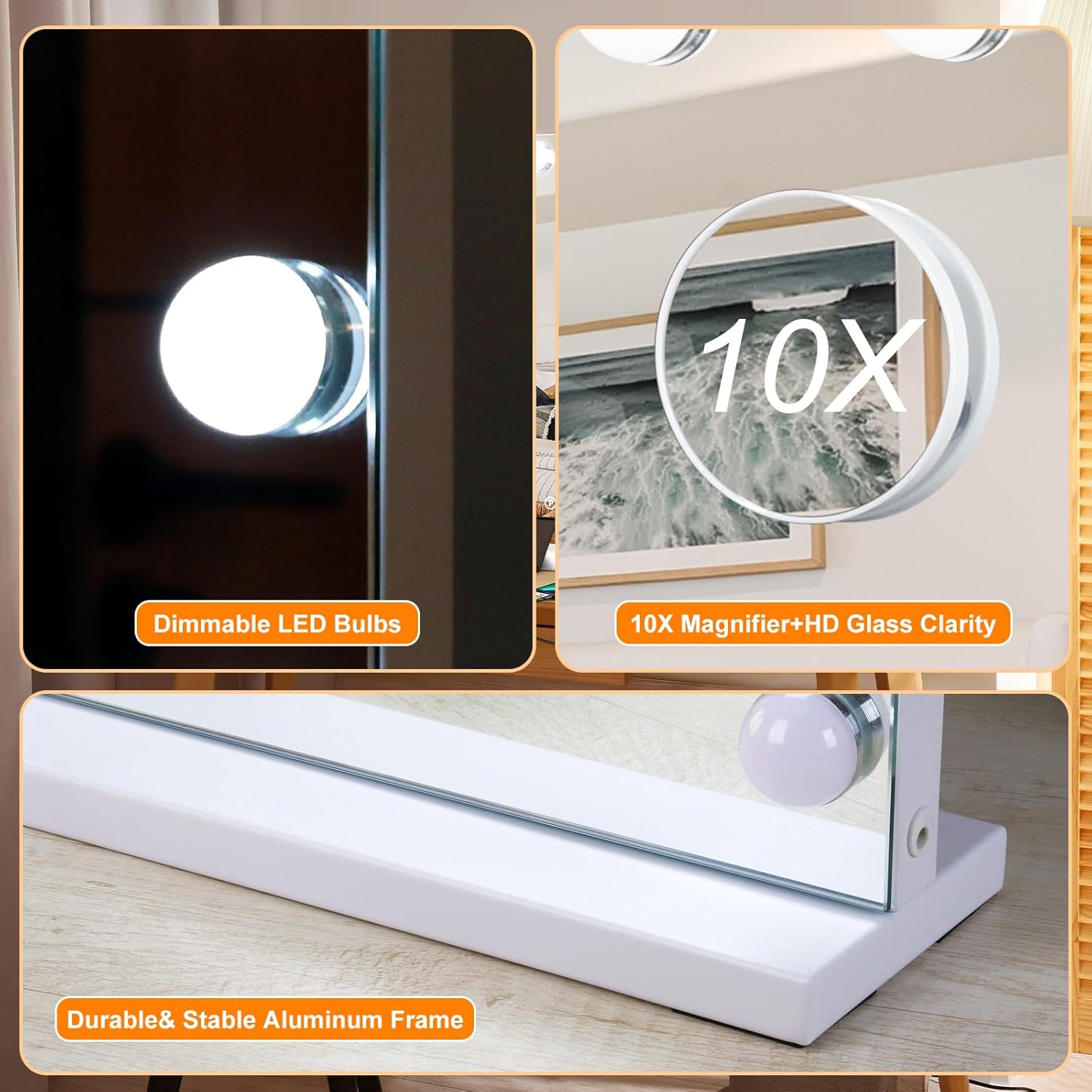 Thumbnail 6 de Moonee Vanity Mirror with Lights (15 Dimmable Bulbs, 10X Magnification, 3 Color Modes, USB Port) — Hollywood Lighted Makeup Mirror