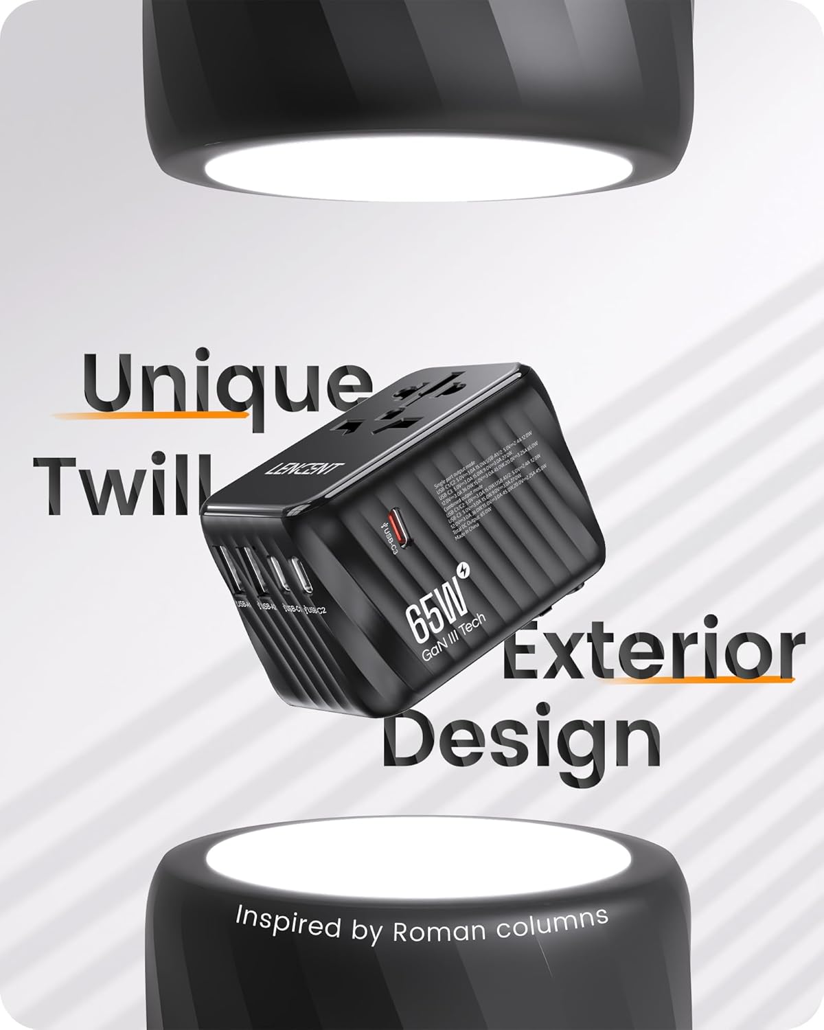 Thumbnail 3 de LENCENT internationaler Reiseadapter 65W GaN3 mit 2× USB-A und 3× USB-C (PD), EU/UK/US/AU, schwarz