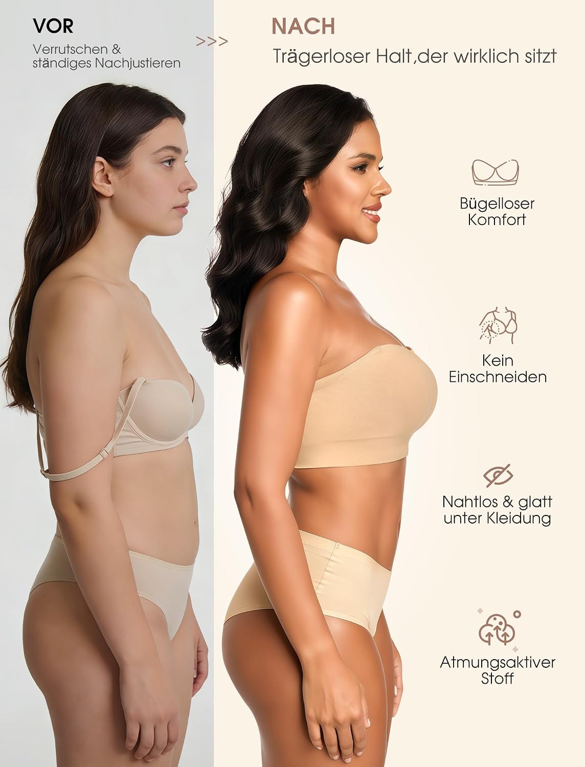 Detalle de OOEU Trägerloser BH Damen without Bügel – Push-Up Bandeau, Nahtlos, Abnehmbaren Trägern