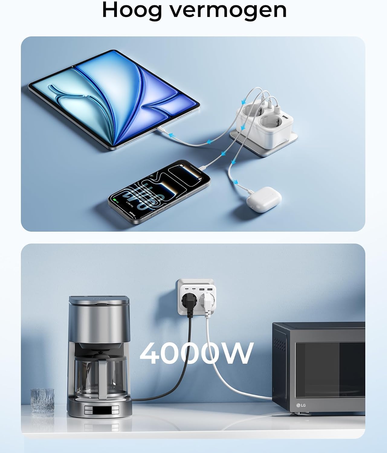 Detalle de LENCENT PA034EUEU stopcontactverdeler met 2 stopcontacten, 4 USB-poorten en 4000 W
