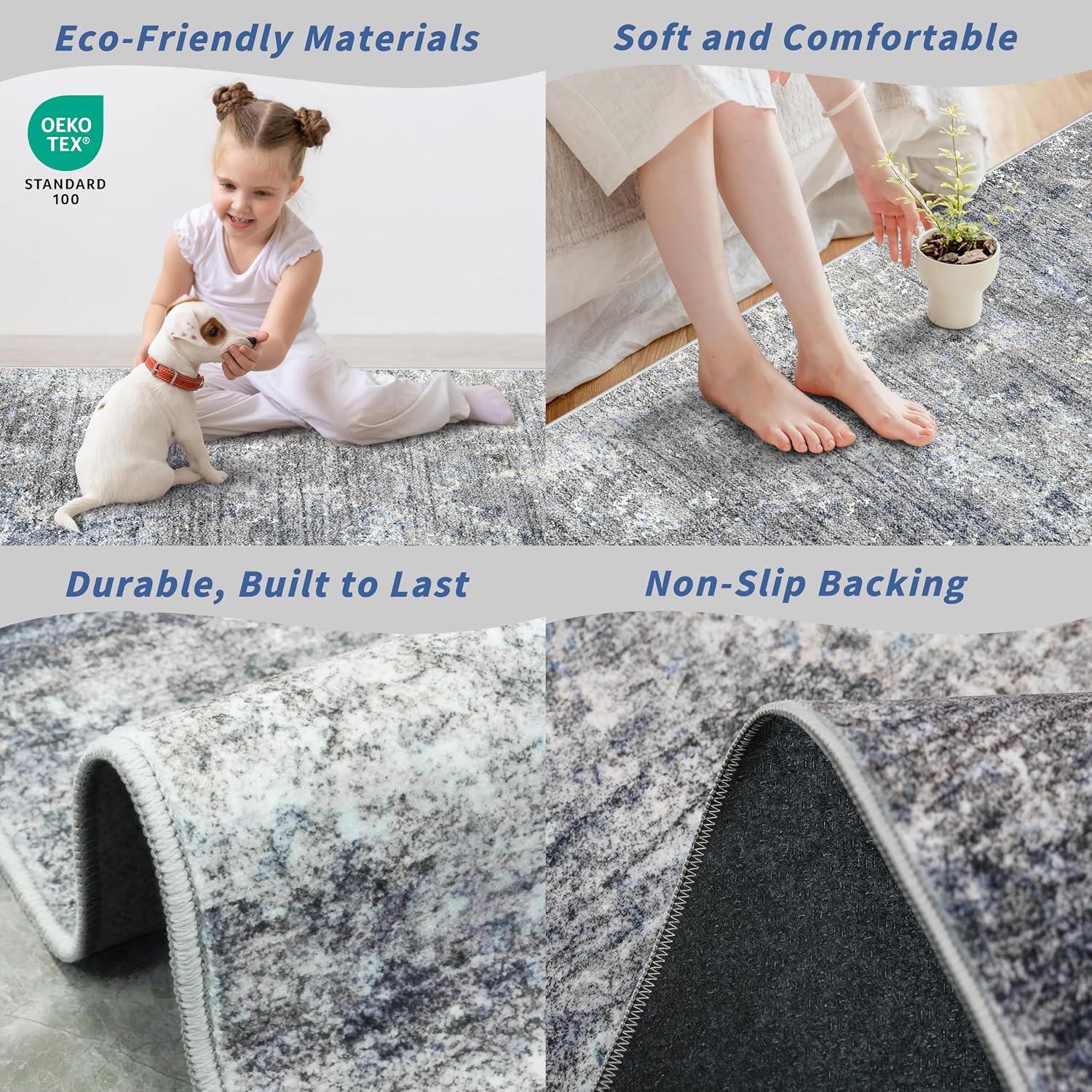 Thumbnail 4 de Kitchen Rug Set 4-Piece with Runner (Washable, Non-Slip) — Blue Grey Modern Abstract Neutral Mats