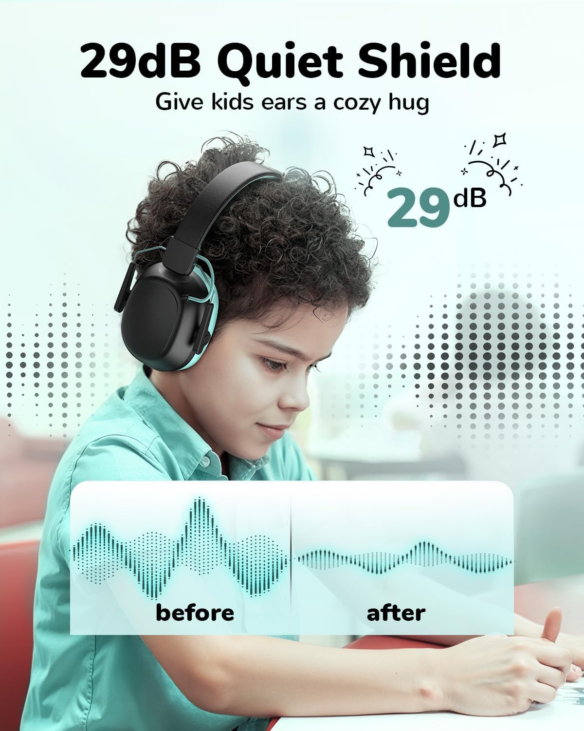 Detalle de Bluetooth 6.0 Kids Ear Defenders with 80H Battery: 29dB Noise Reduction & 94dB Volume Limit