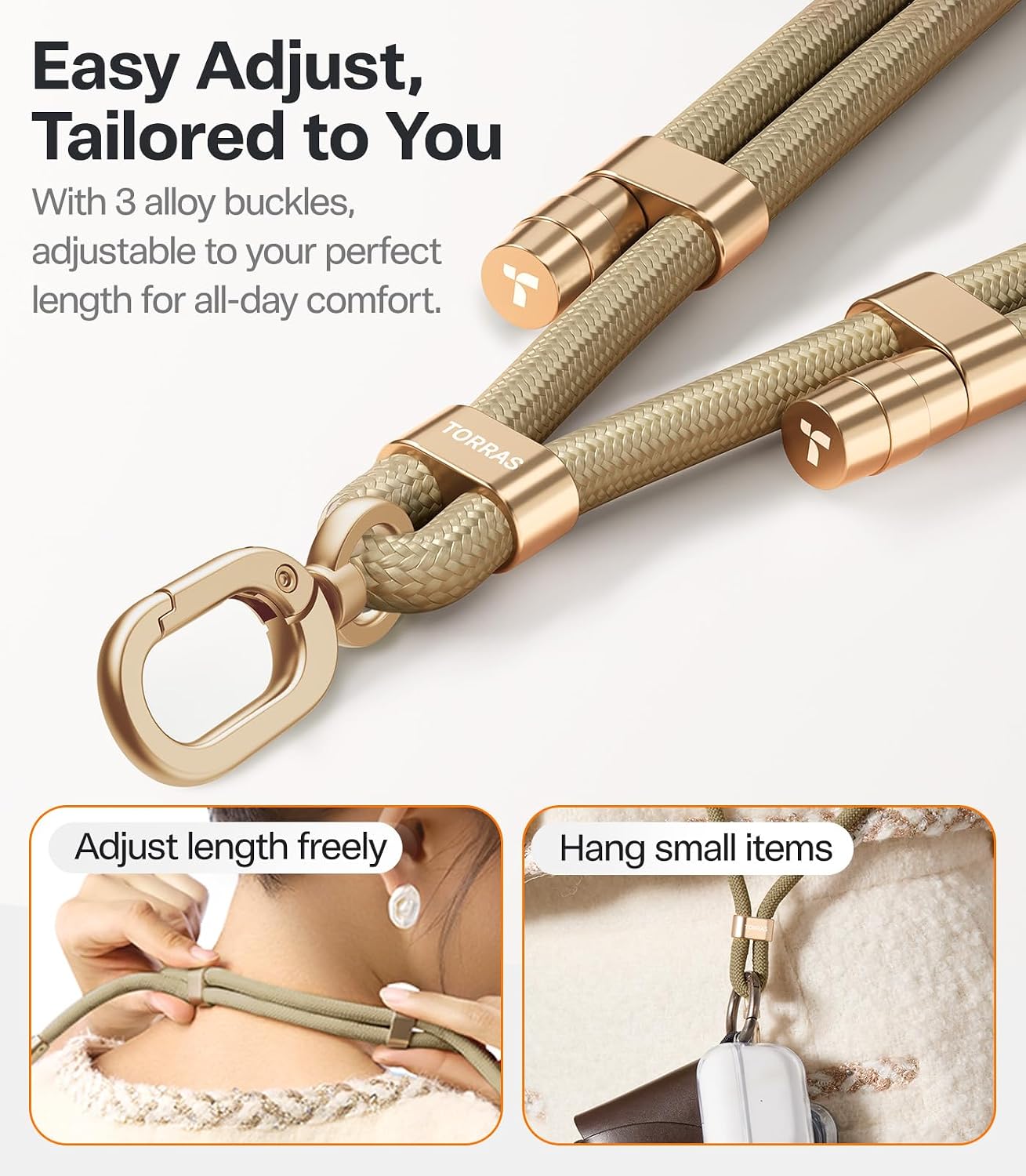 Detalle de TORRAS Phone Lanyard Crossbody, Adjustable Khaki Strap with 2 Tether Tabs