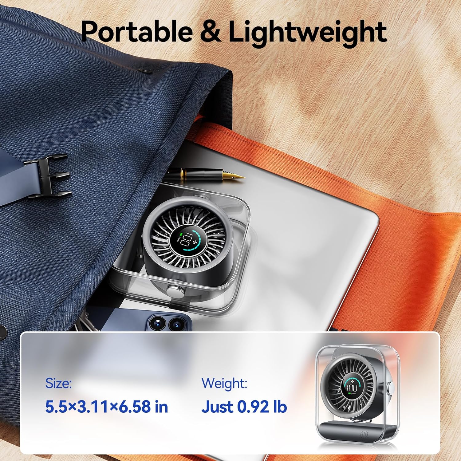 Thumbnail 6 de KIMMOO Rechargeable USB Desk Fan (Black) – ultra-quiet 35dB, Turbo airflow, 100 speeds, LED display