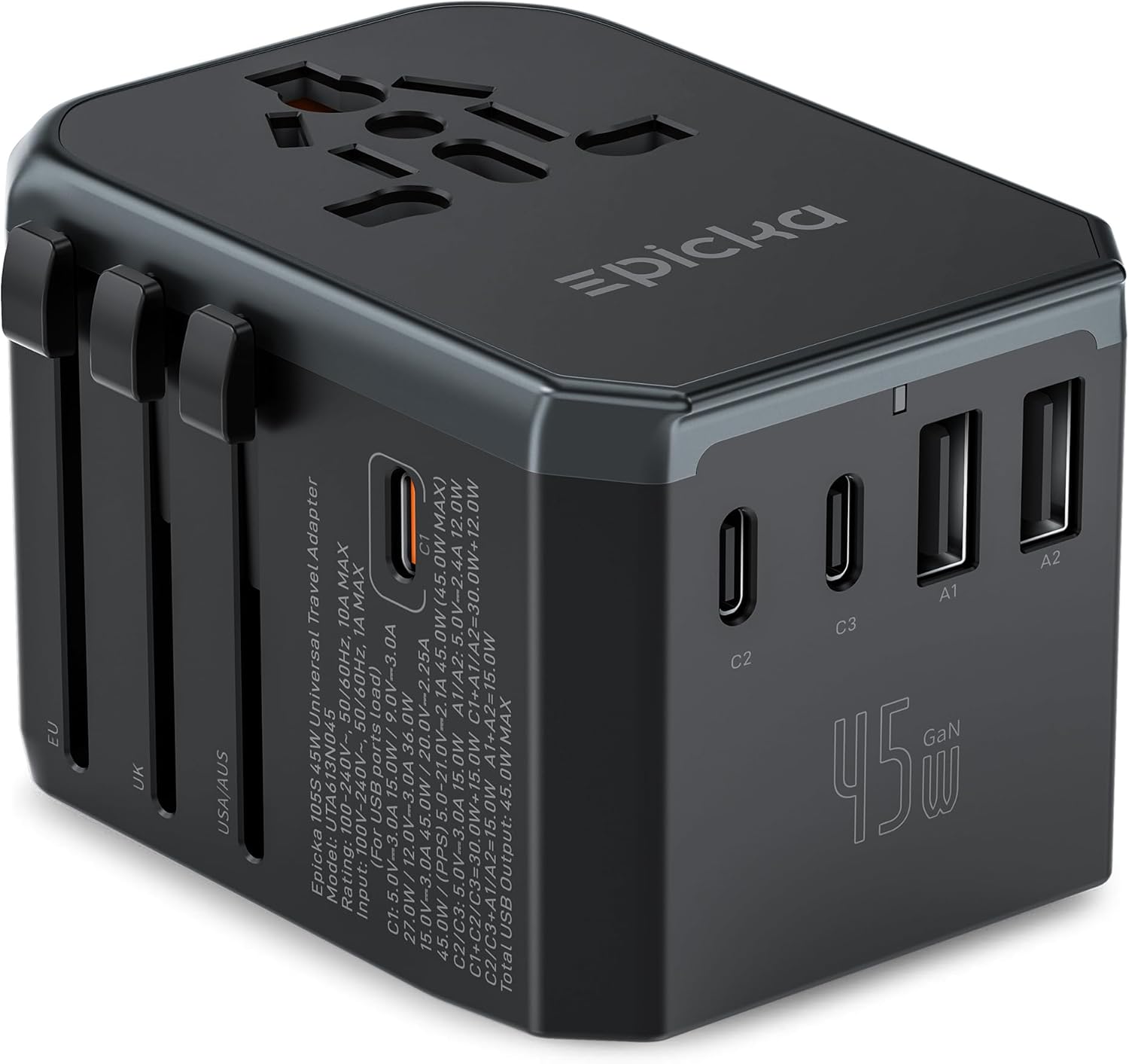 Detalle de Epicka Adattatore da Viaggio Universale PD Fast Charge 45W: 6-in-1 con 3 USB-C e 2 USB-A
