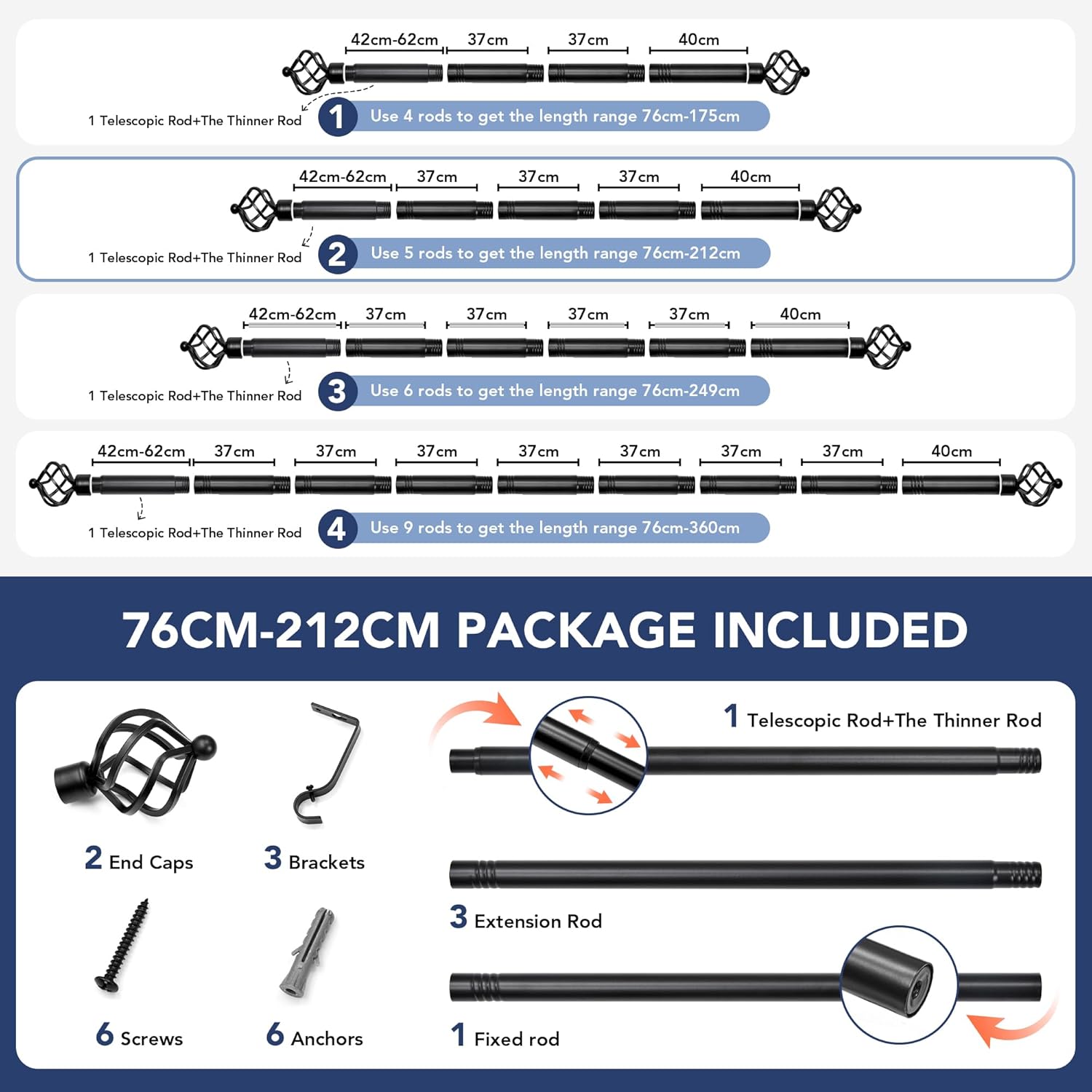 Thumbnail 1 de Deconovo tringle à rideaux télescopique en métal extensible 76–212 cm (1 pièce) – Argent