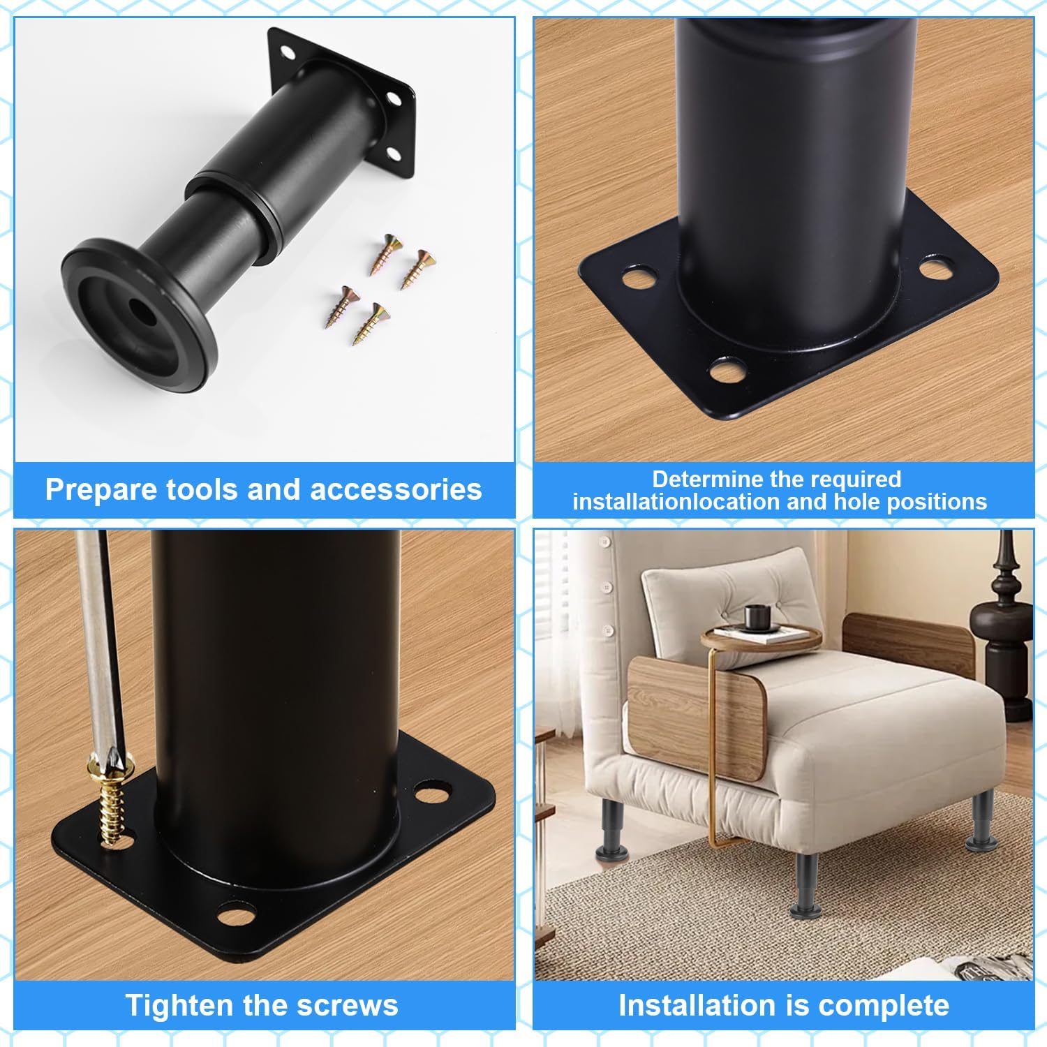 Detalle de Piedini Regolabili ACOMTUO 4 Pezzi per Mobili, Altezza 8–12 cm, Nero, con Viti – Stabilità e Protezione pavimenti