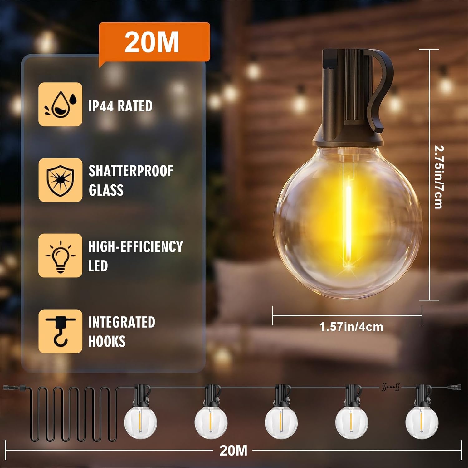 Thumbnail 3 de Solar String Festoon Lights Outdoor with Remote Control – 20m USB Rechargeable LED Garden Light (IP44)