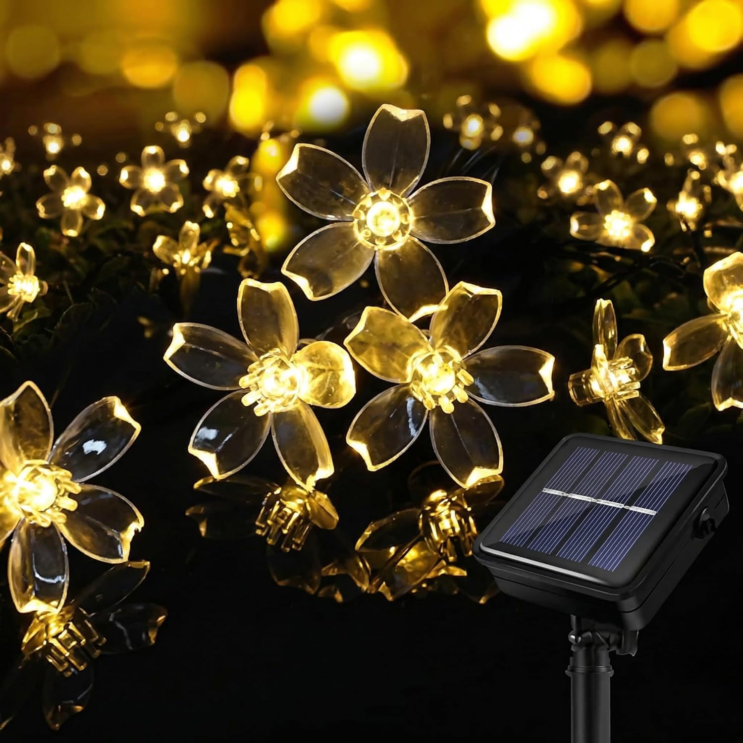 Detalle de BG9D guirnalda solar exterior de flores de cerezo, 11 m y 60 LED con 8 modos e IP44