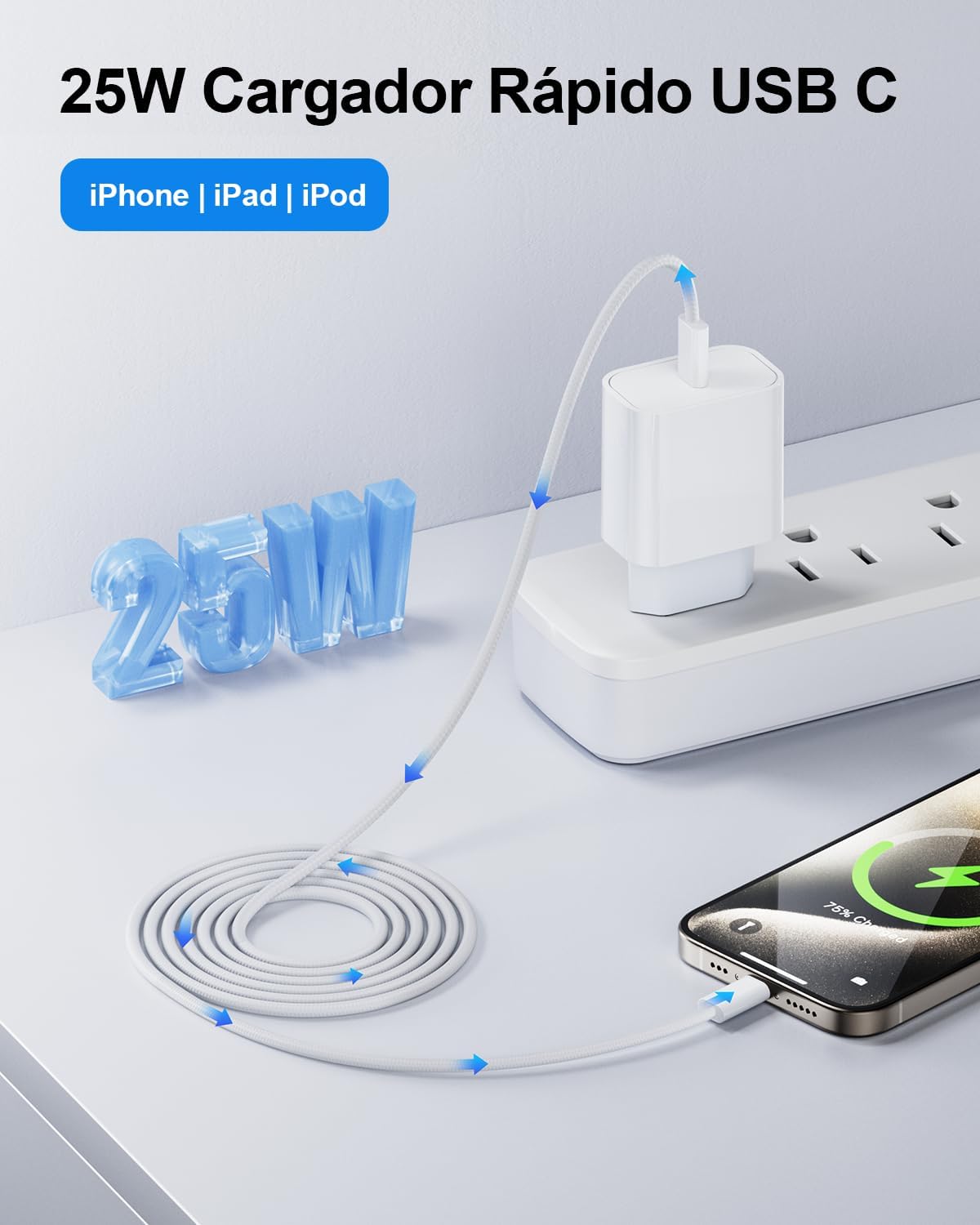 Thumbnail 3 de LumFocus Cargador USB-C de 25W con cable de 2 m para iPhone y más (Blanco)