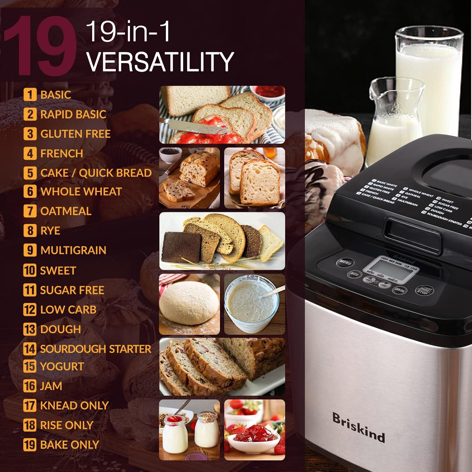 Detalle de Briskind BM8605 Compact Bread Maker, 19 Menus, 1 and 1.5 lb Loaves