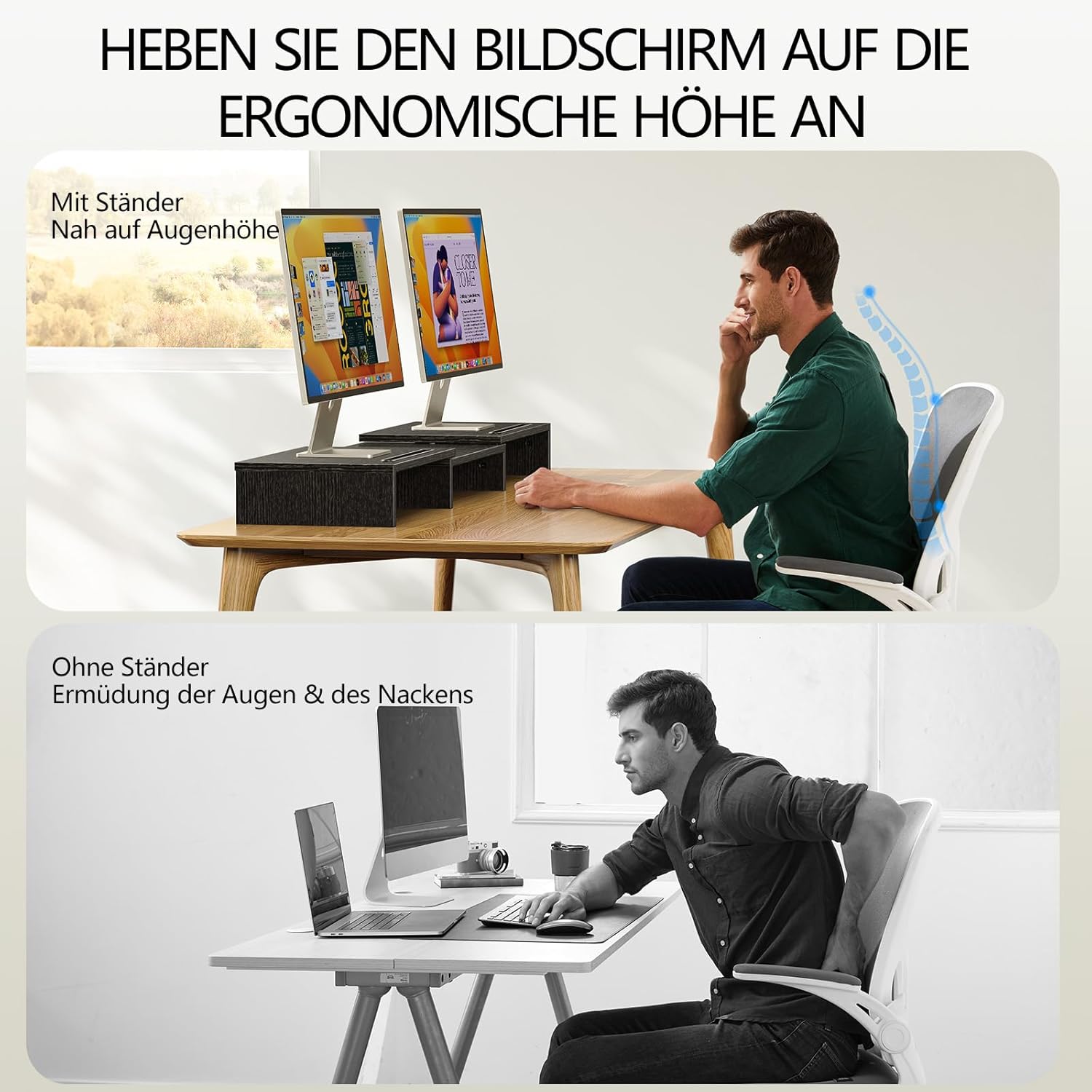 Detalle de AMERIERGO Dual-Monitorständer für 2 Monitore – verstellbarer Desktop-Standfuß mit integrierten Ablagen