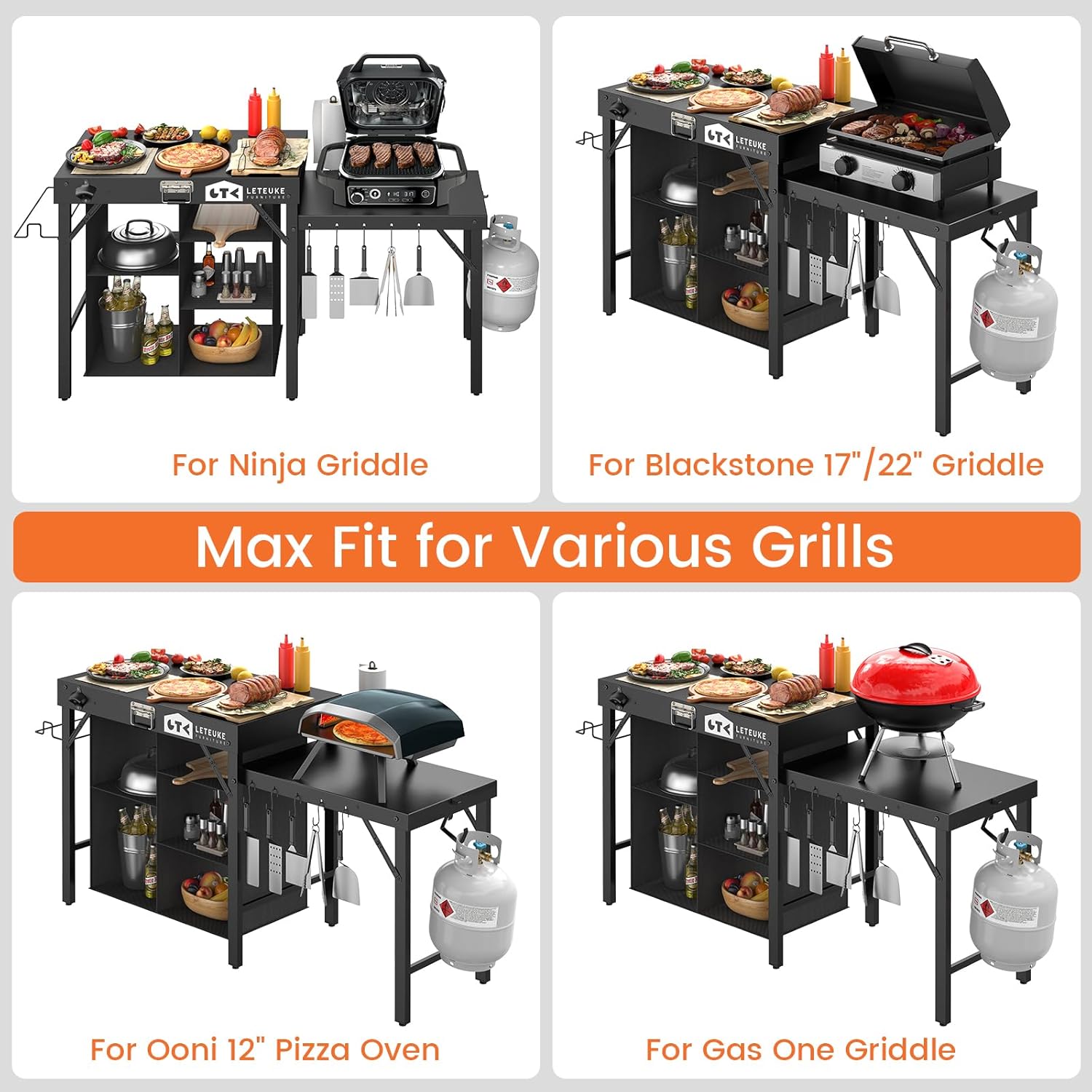 Detalle 1 de Leteuke OTG-01 Folding Grill Table with Storage Shelves and Hooks