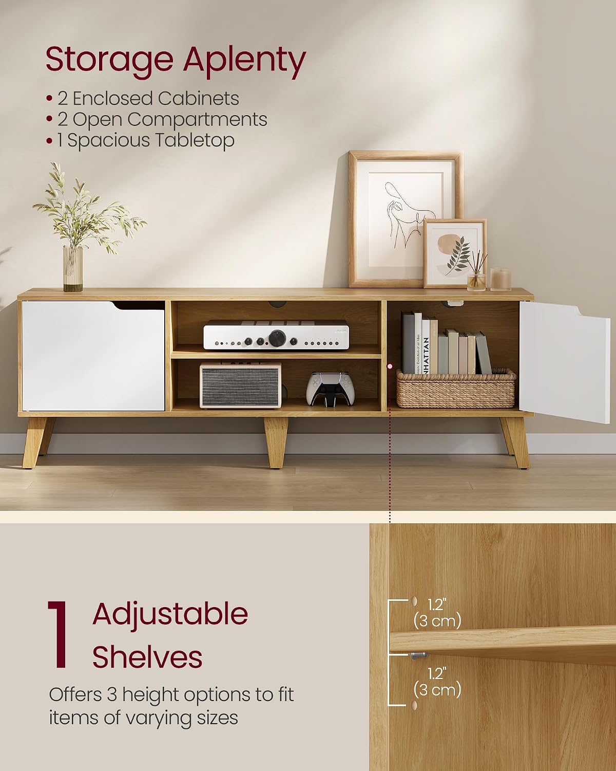 Detalle de VASAGLE TV Stand Unit LTV556Y01: A Practical 147 cm Entertainment Console in Natural Oak and Cream White