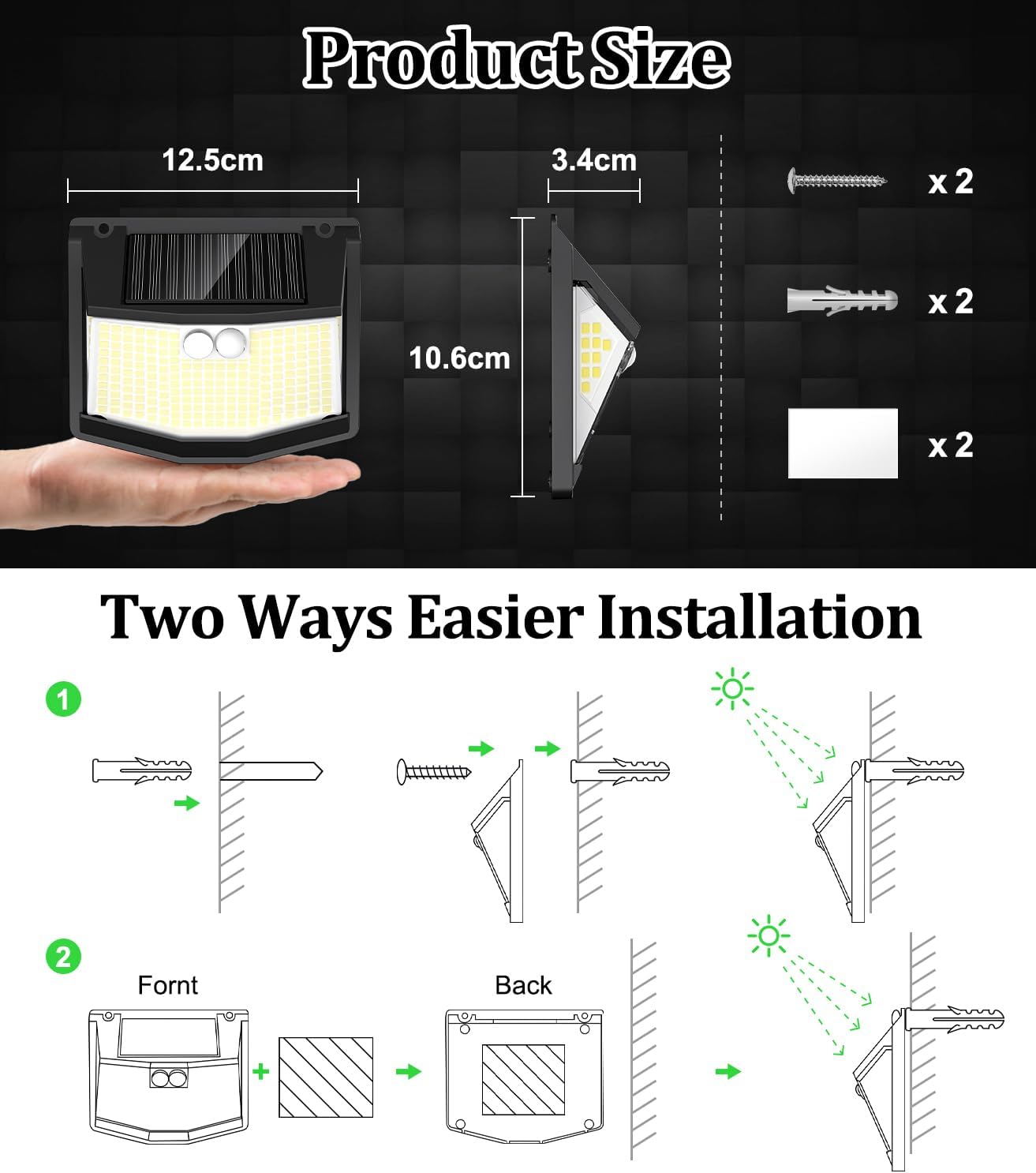 Detalle 2 de Solar Security Lights Outdoor Garden: 248 LED Solar Motion Sensor Light (2 Pack) with 270° Wide Angle, IP65 Weatherproof