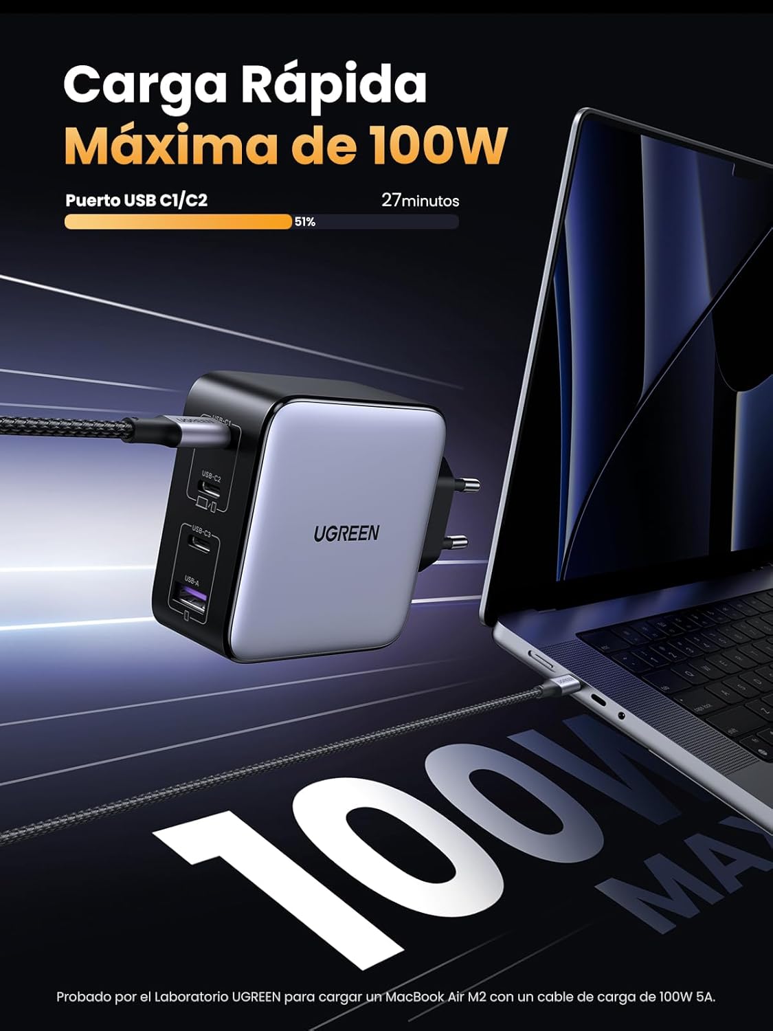 Detalle 1 de UGREEN Nexode 100W Cargador USB C GAN 4 Puertos ⚡