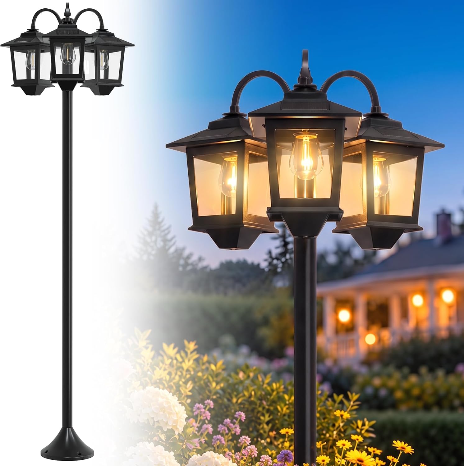 Detalle de Joyoowild 05H-CA-01 73-Inch Solar Lamp Post, 3-Head, 3000K, IP44