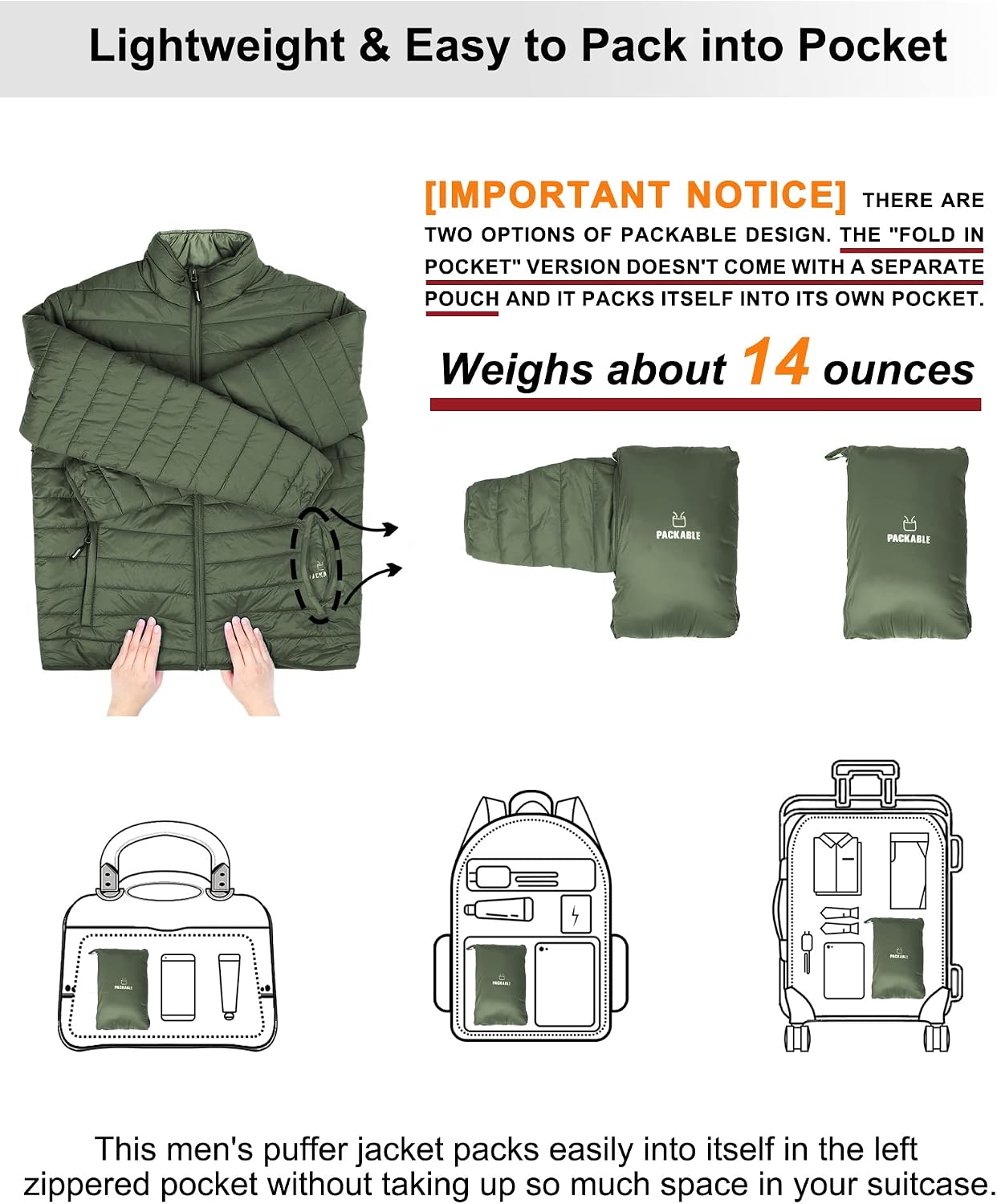 Detalle 2 de Outdoor Ventures Herren Steppjacke Packbar Leicht Warm