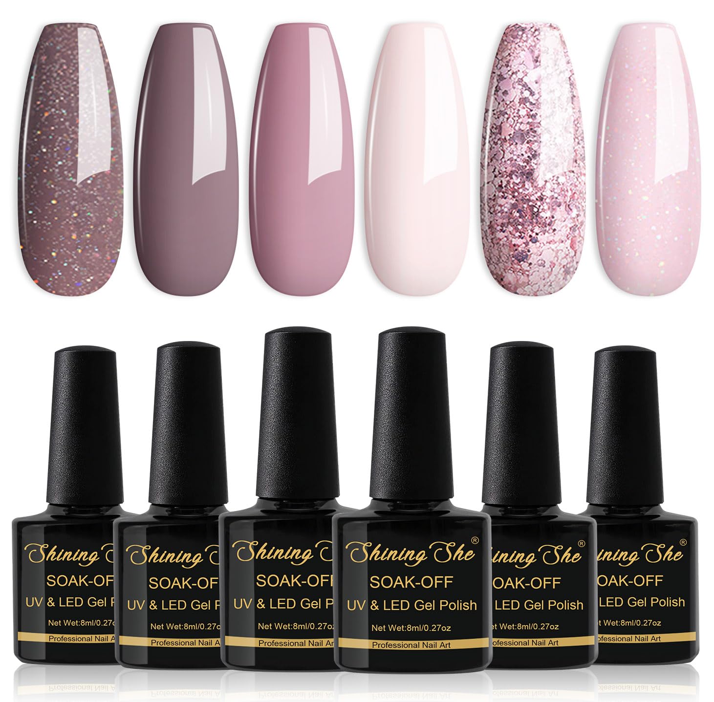 Thumbnail 1 de Shining She UV-Nagellack-Set mit 6 Farben (Glitzer & Nude), 8 ml pro Flasche – für DIY Nailart zu Hause