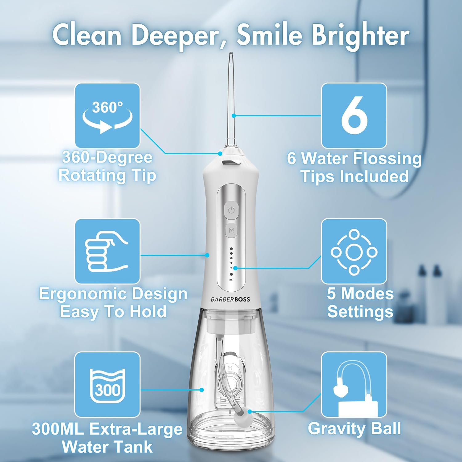 Detalle de BarberBoss Idropulsore dentale elettrico con 5 punte e serbatoio da 300 ml – QR-7024 (Bianco)