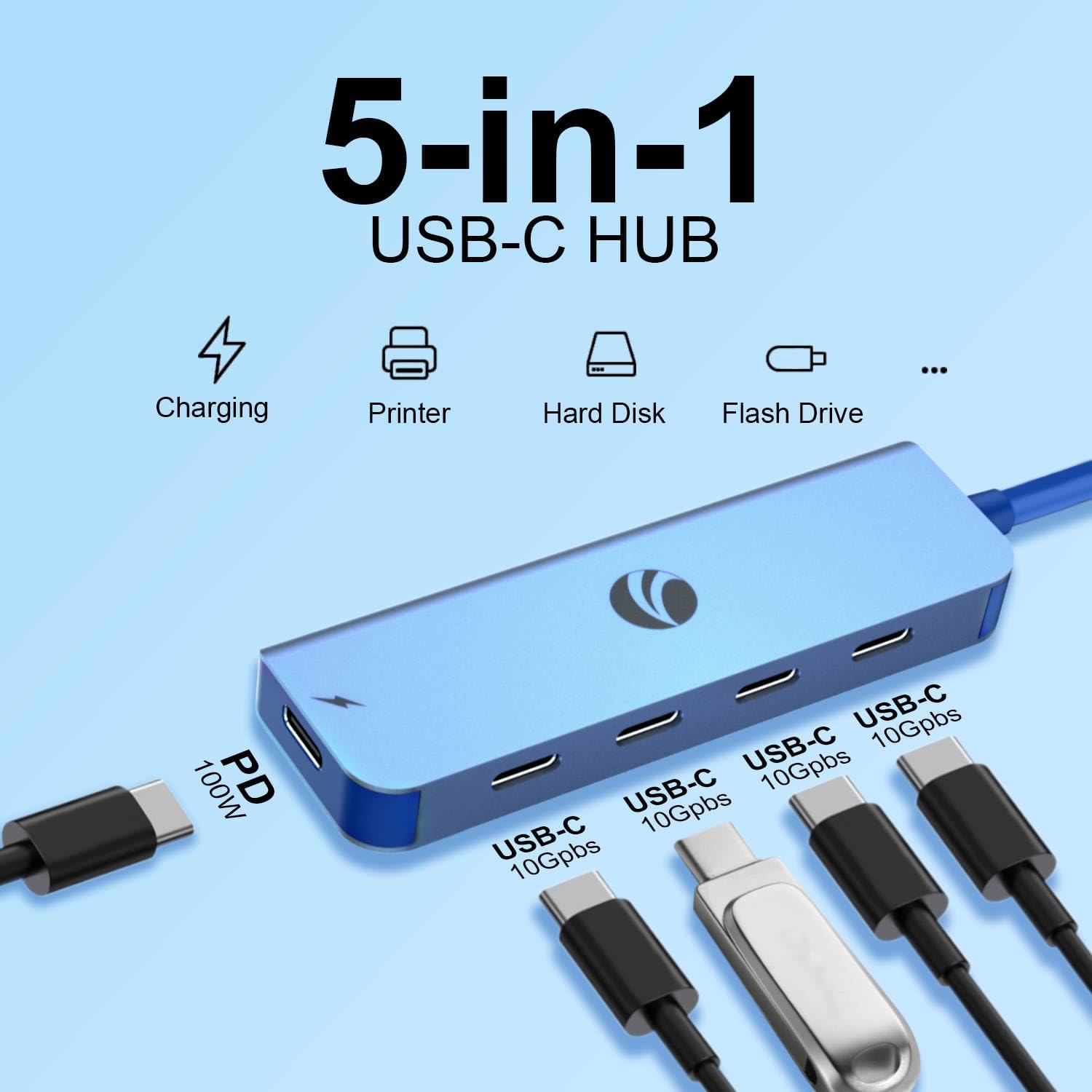 Detalle de VCOM USB-C Hub mit 4 Datenanschlüssen – 10 Gbps, 100W PD, kompakter Multiport-Adapter