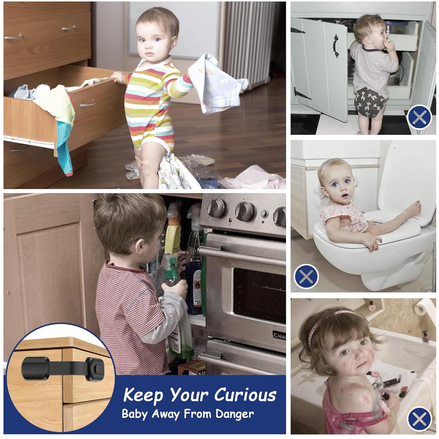 Thumbnail 4 de Septeamay Kindersicherung für Schrank und Schubladen (10 Stück) – Schubladensicherung mit 3M Kleber, ohne Bohren, Schwarz