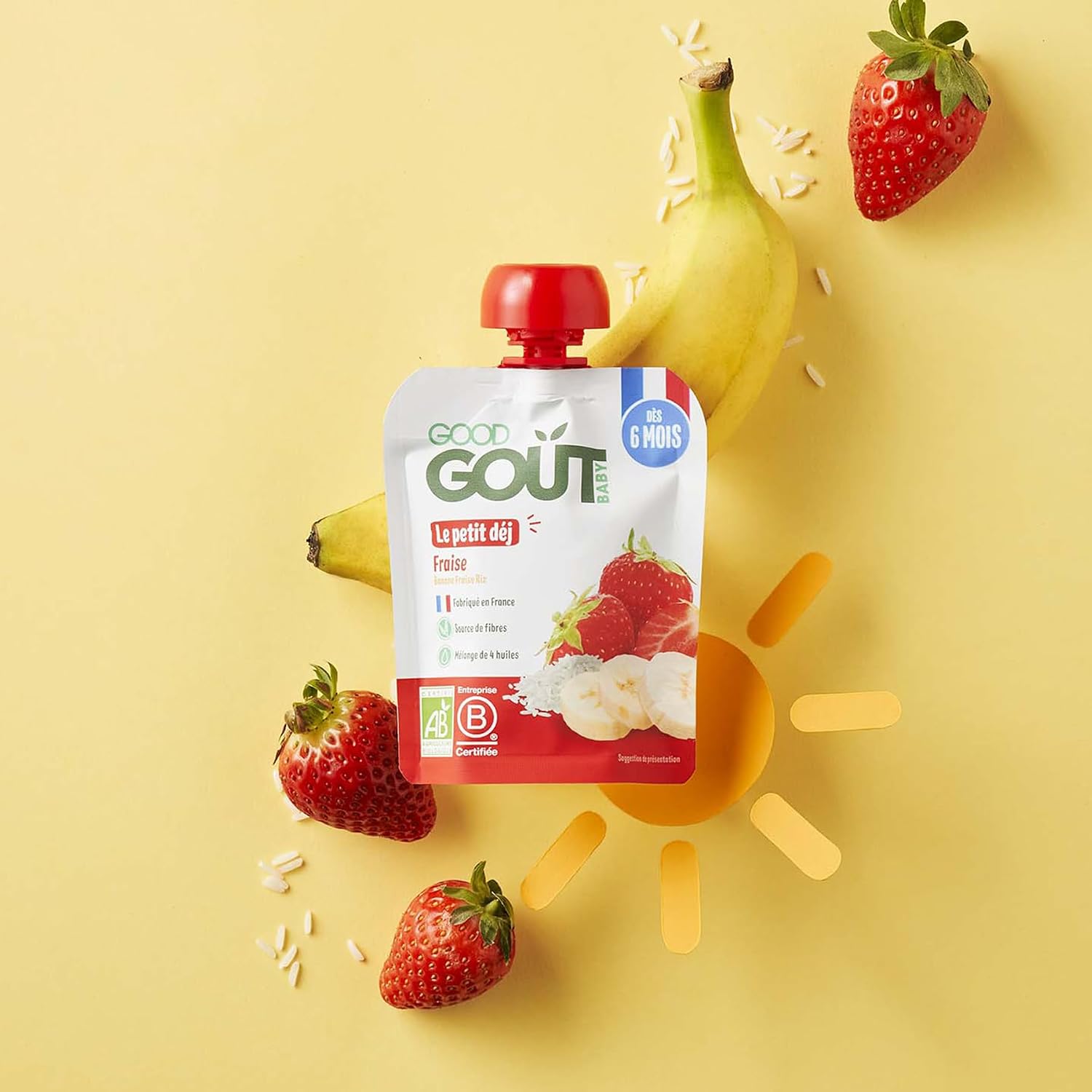 Detalle de GOOD GOÛT Petit Déj Fraise – Gourde bébé dès 6 mois, format nomade, sans sucres ajoutés, 10x70 g