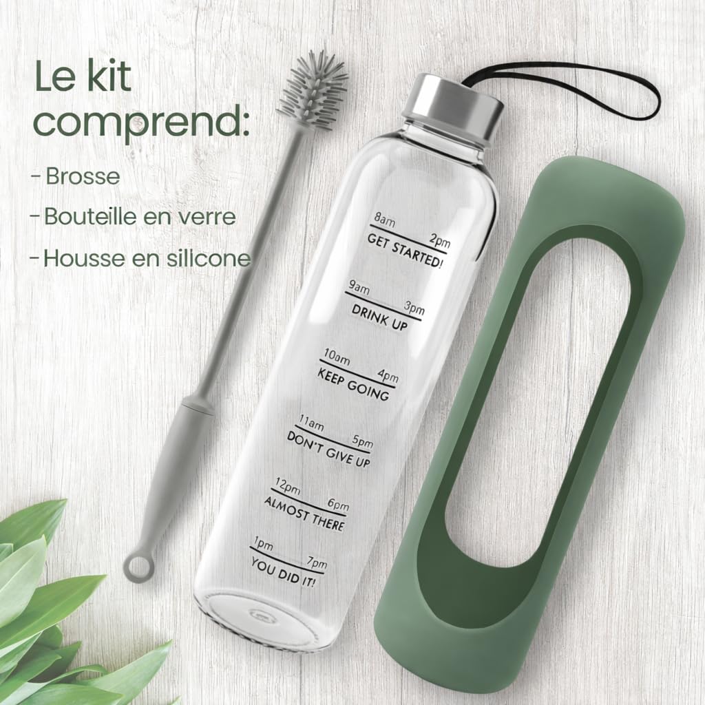 Thumbnail 5 de Amalindo gourde en verre 1 l – vert olive, avec brosse et coque silicone