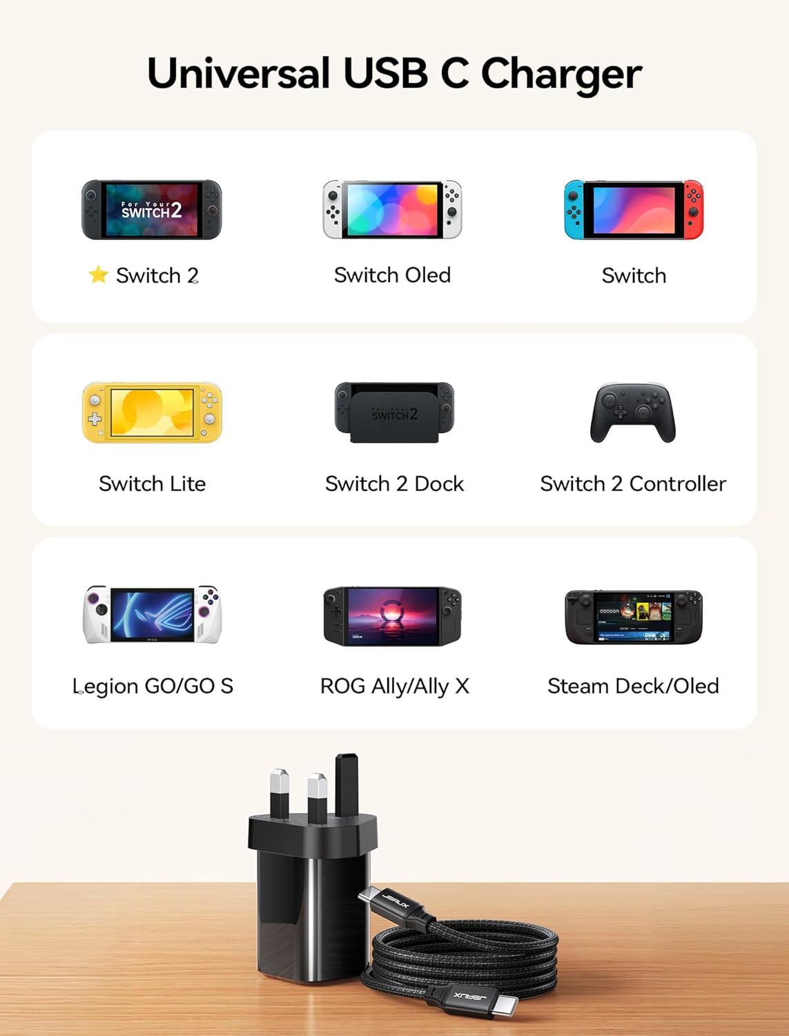 Thumbnail 6 de JSAUX 60W USB-C Charger for Nintendo Switch 2 (TV Mode, GaN) with 2M USB-C Cable