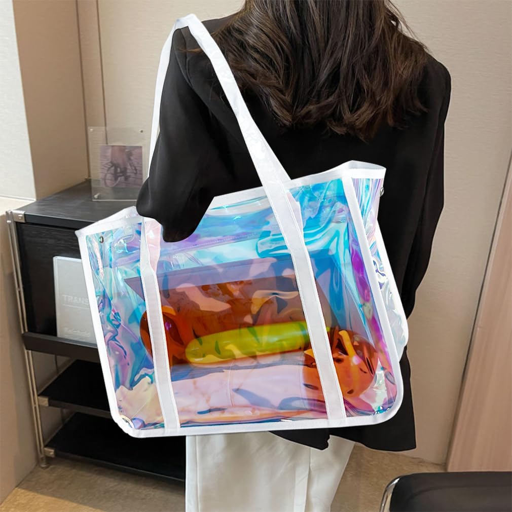 Detalle de TotePrint Mode Frau Tasche – transparente holographische Strandtasche aus TPU (35 × 27 × 15 cm)