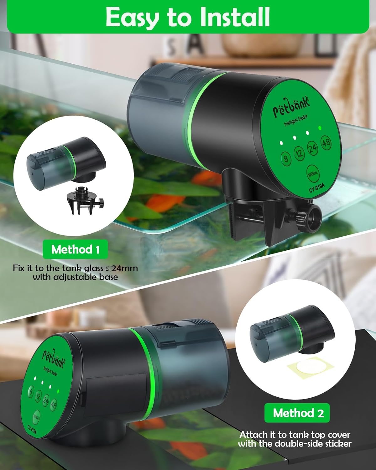 Detalle de Petbank Automatic Fish Feeder for Aquarium – Battery‑Operated, 200ml Capacity with 4 Smart Interval Modes