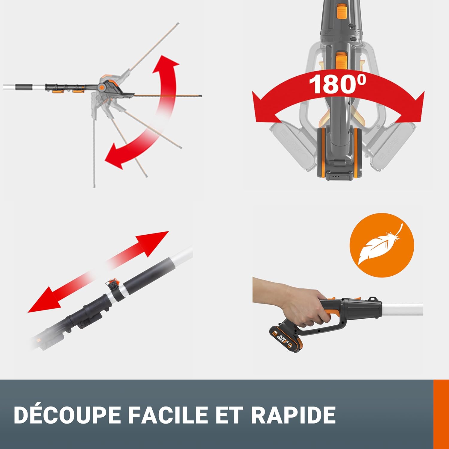 Thumbnail 6 de WORX WG252E.9 Taille-Haies sur Perche 20V - Lame 45 cm, Manche Télescopique