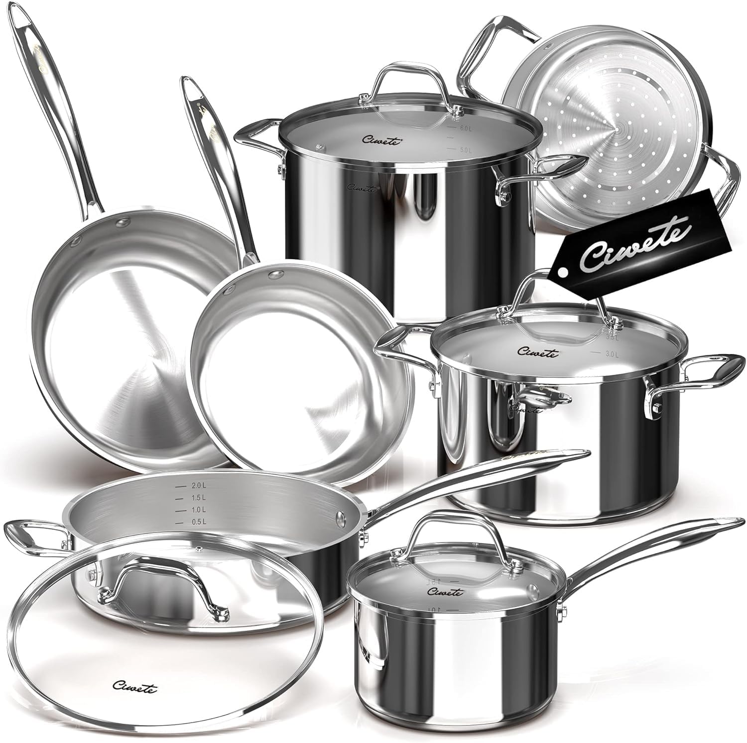 Detalle de Ciwete 11-Piece Tri-Ply Stainless Steel Cookware Set with Steamer Insert
