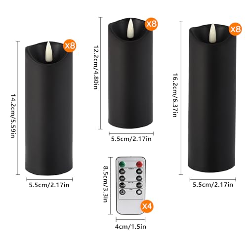 Detalle 2 de LIVEN 24 schwarze flammenlose LED-Kerzen mit Fernbedienung, flackernd, 3 Größen