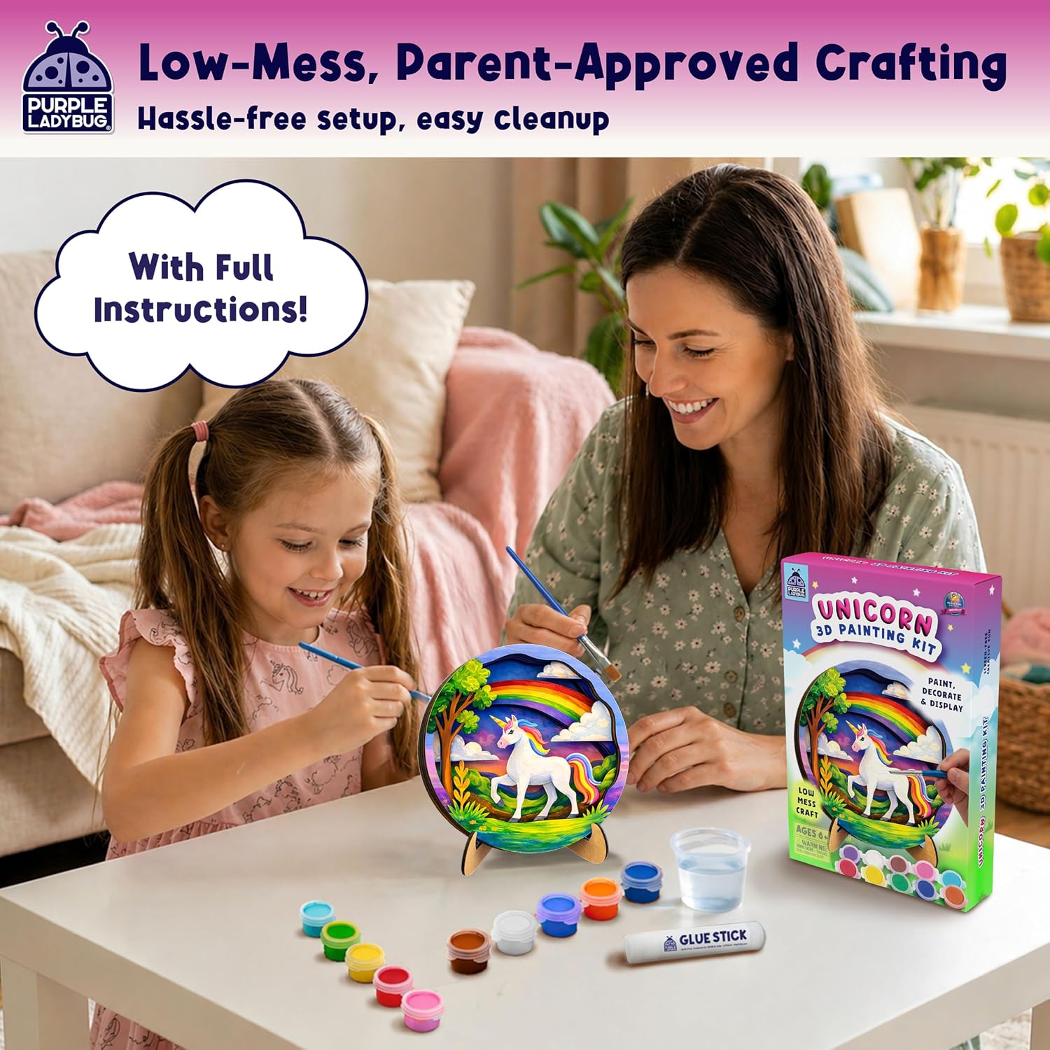 Detalle de PURPLE LADYBUG Unicorn 3D Painting Wooden Craft Kit for Kids