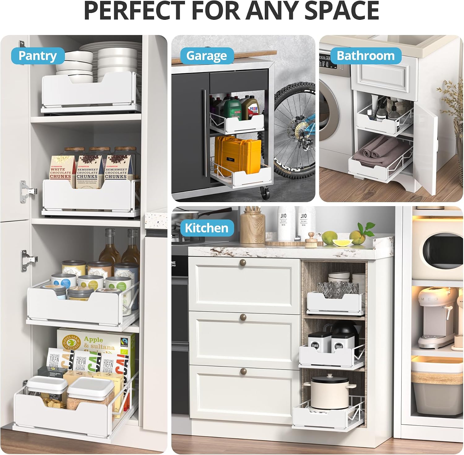 Detalle 2 de ZOINLIY sm2412 Pull-Out Cabinet Organizer, 2-Pack White Lacquered Metal
