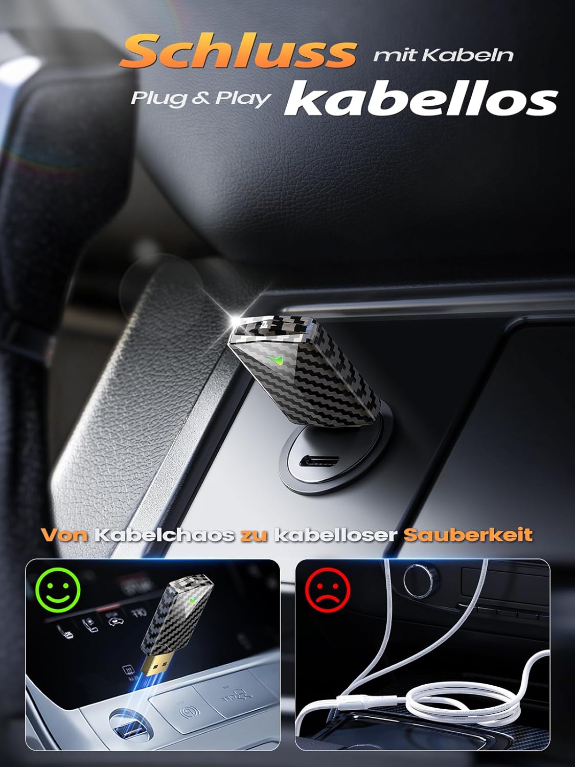 Thumbnail 4 de Wireless CarPlay & Wireless Android Auto Adapter Mini (mit Auto-GPS Navigation) – Karbonfaser-Design, kompatibel ab 2016