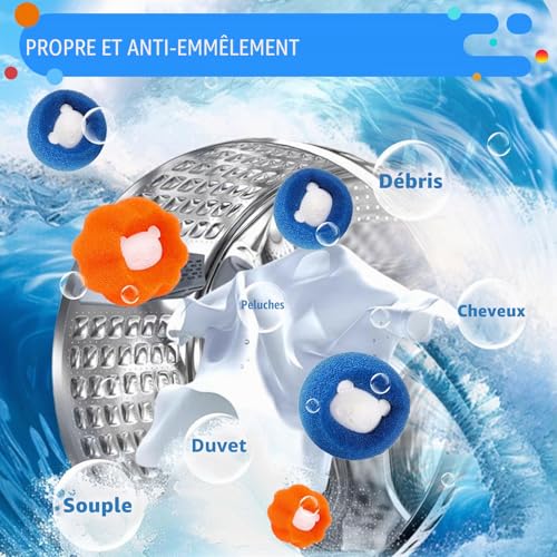 Detalle de Boule Anti Poils Machine à Laver de Yalisite – Absorbe Cheveux et Peluches, Orange+Bleu